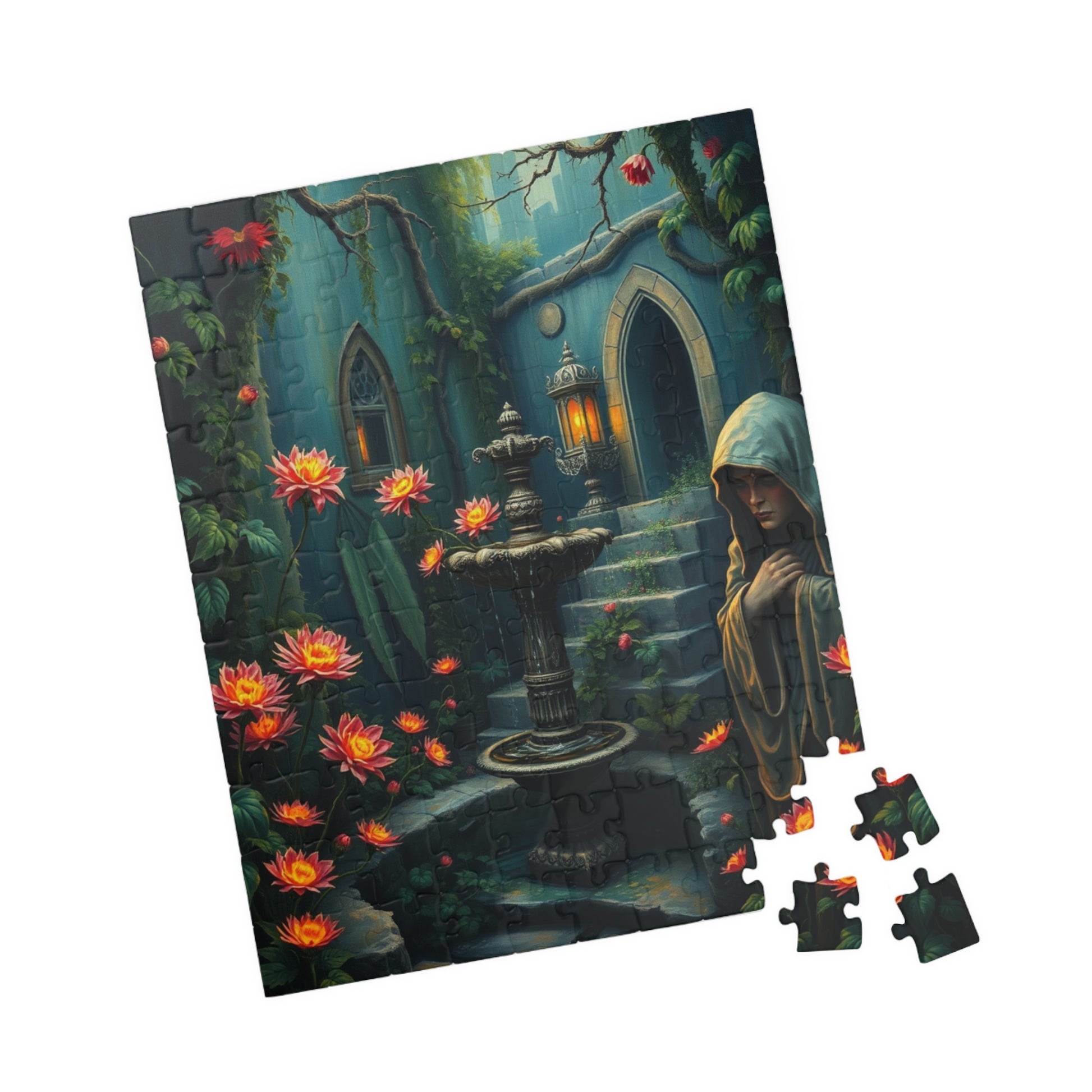 Gothic Garden Puzzle, Mysterious Bioluminescent Flowers & Stone Statues, 520-Piece Jigsaw, Dark Fantasy Art, Mystery Garden Puzzle, Fantasy Puzzle The Puzzle Chest