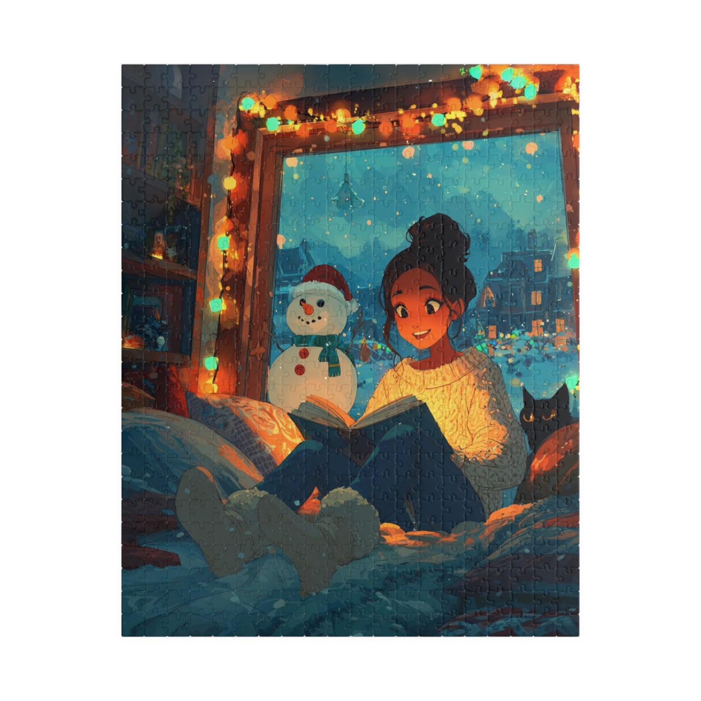 Christmas Window Glow Jigsaw Puzzle – Woman Reading by the Window with Fairy Lights, Snowman and Black Cat Puzzle The Puzzle Chest