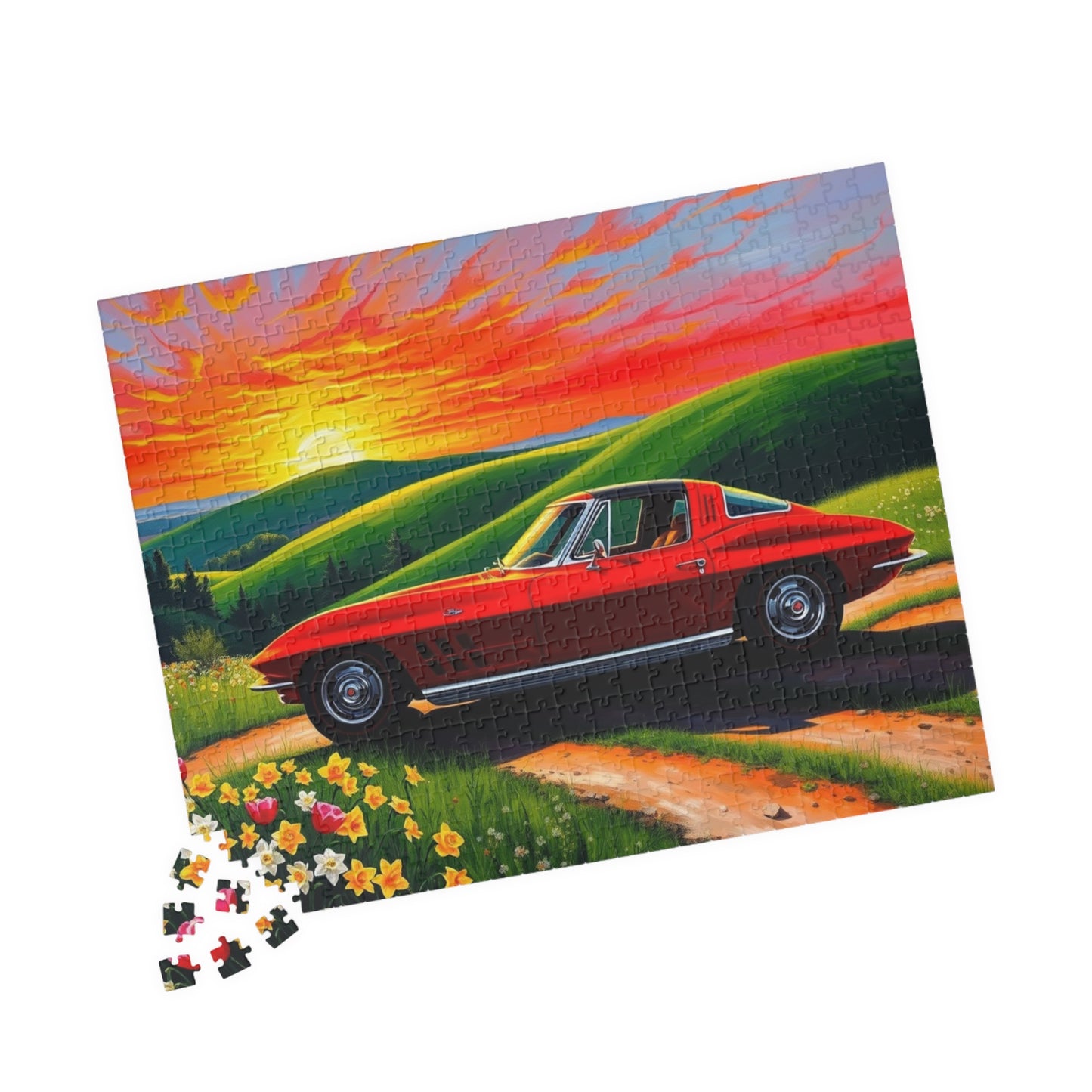 Vintage Auto Sunset Puzzle, Perfect Gift for Classic Car Lover, Family Game Night, Retro 1963 Stingray Jigsaw Game for Adults, Mindfulness Puzzle The Puzzle Chest