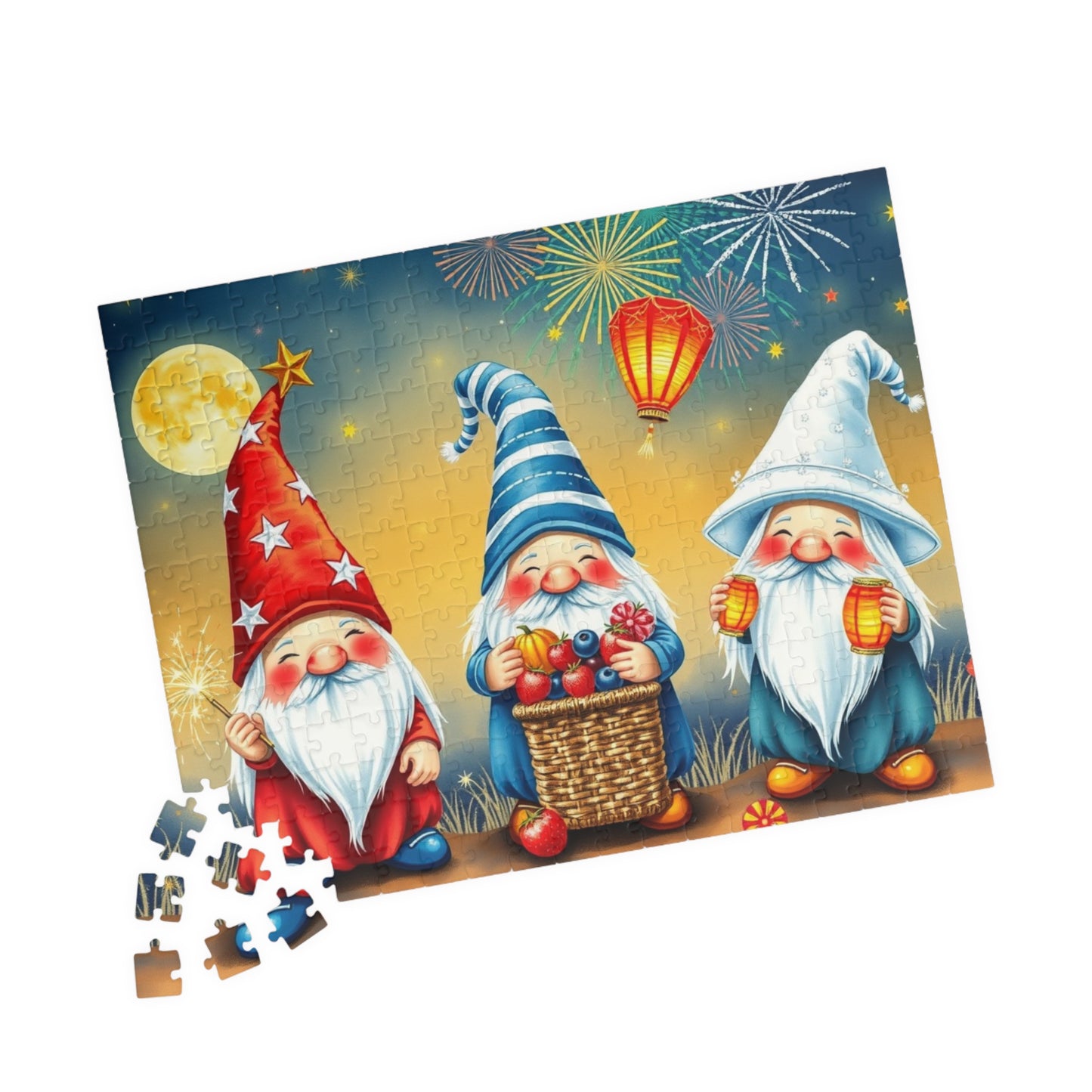 Fireworks Celebration Gnome Puzzle - 4th of July Themed Summer Jigsaw Game 252 pcs (Horizontal) Puzzle The Puzzle Chest