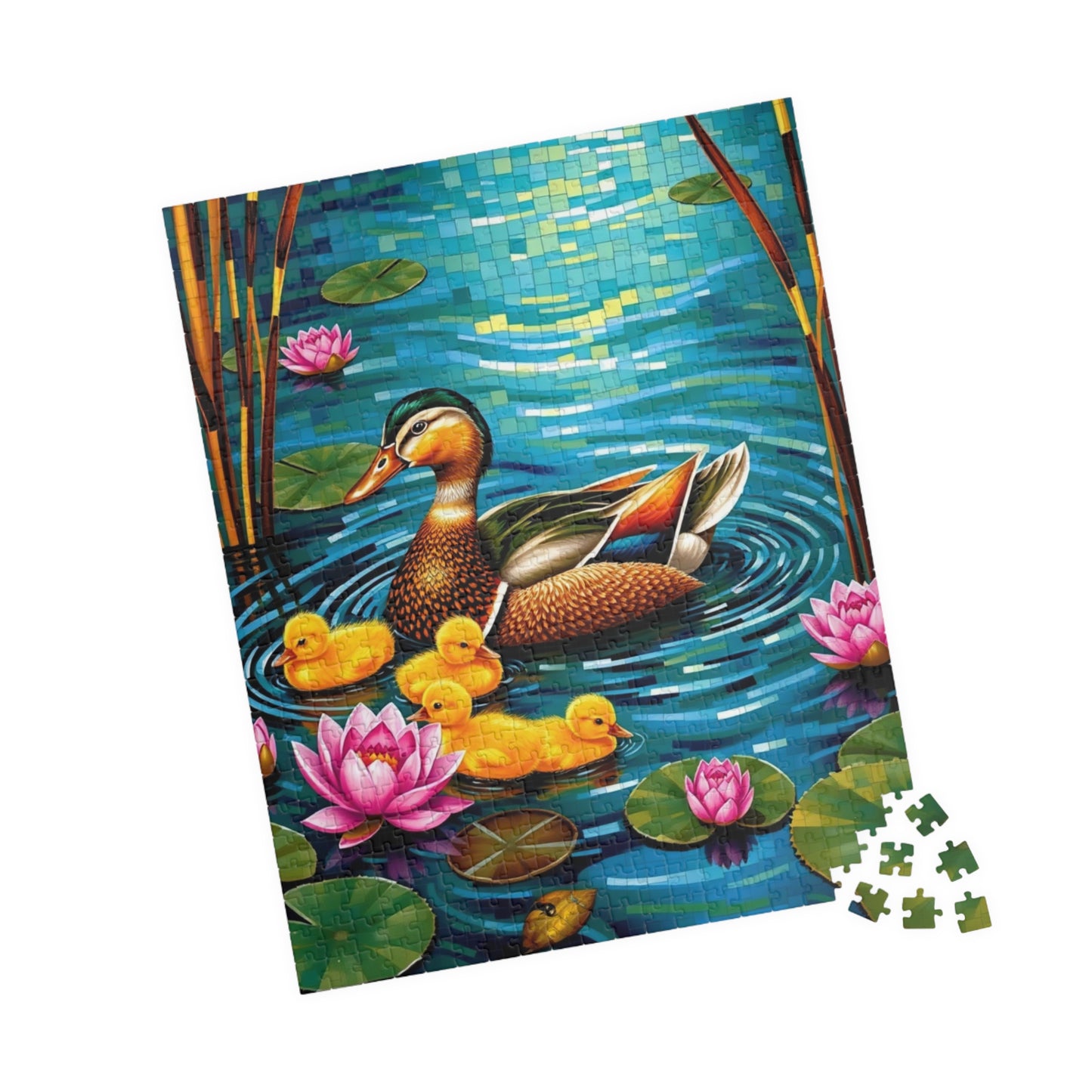Waterfowl Mosaic Puzzle, Beautiful Mother Duck and Ducklings, Duck Family on a Lotus Pond Nature-Themed Jigsaw Game, Animal Bird Lover Gift Puzzle The Puzzle Chest