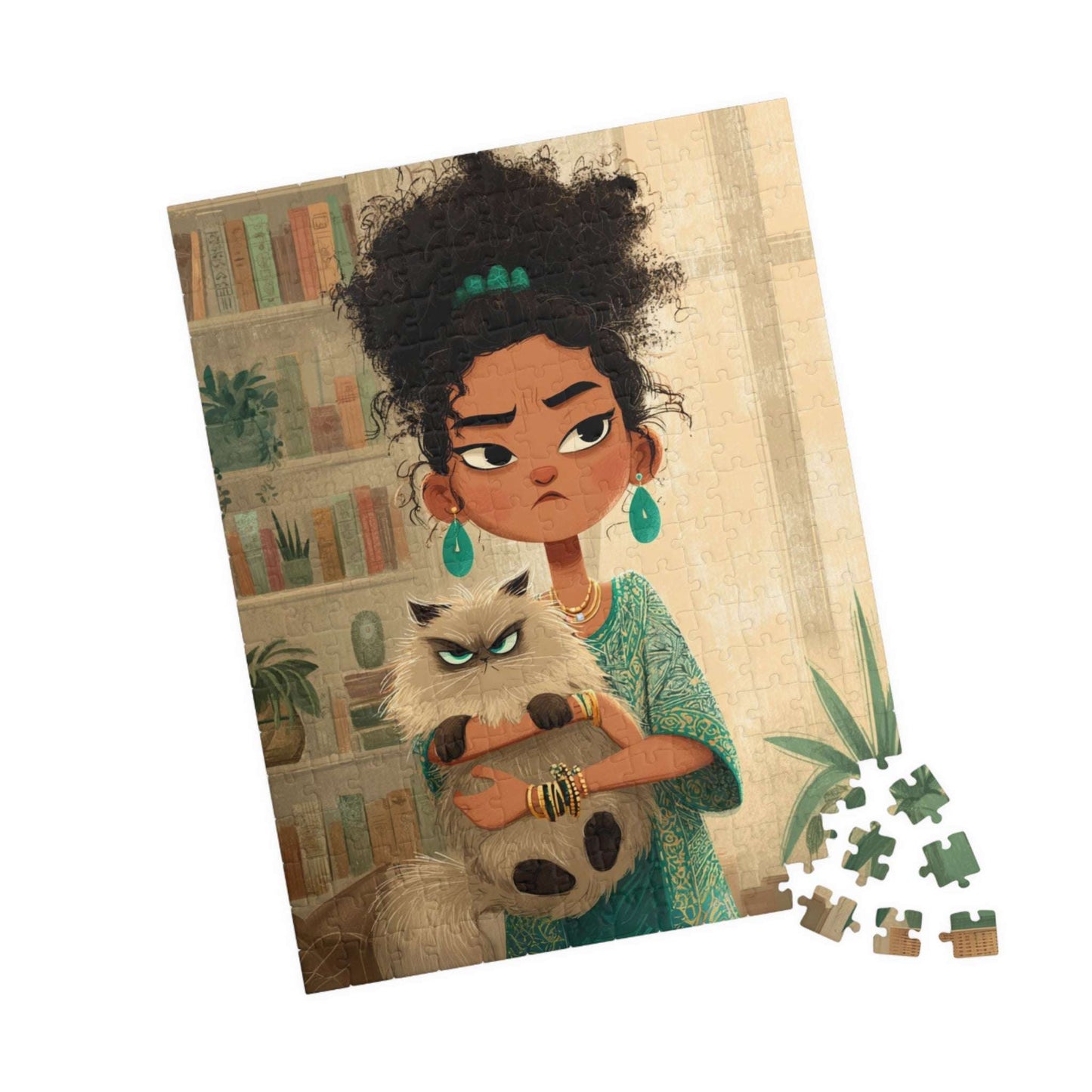 Funny Cat Cartoon Puzzle for Adults - Woman Holding Grumpy Kitten, Watercolor Illustration 252 pcs (Vertical) Puzzle The Puzzle Chest