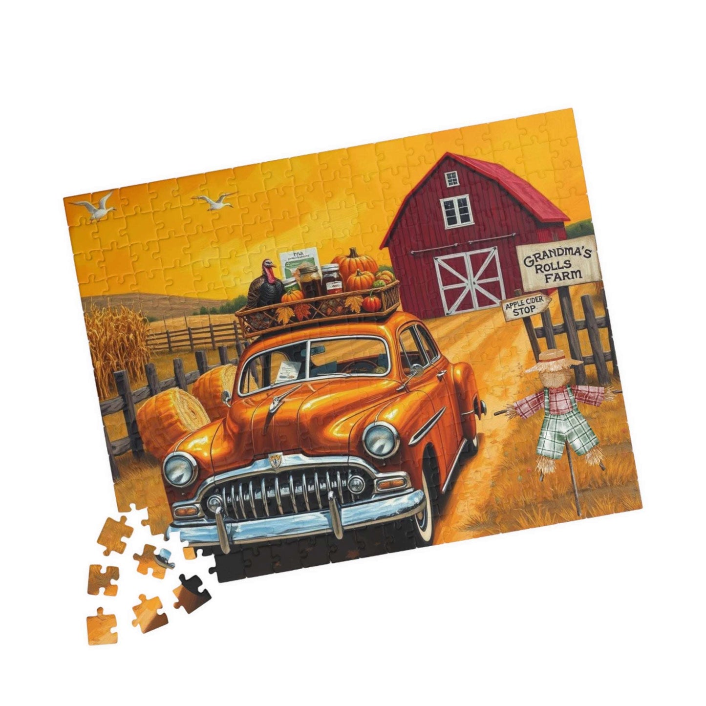 Autumn Farm Vintage Car Puzzle - 110, 252, 520, 1014-piece, Family Game, Fall Holiday Birthday Gift for Car Lovers, Puzzle Enthusiasts