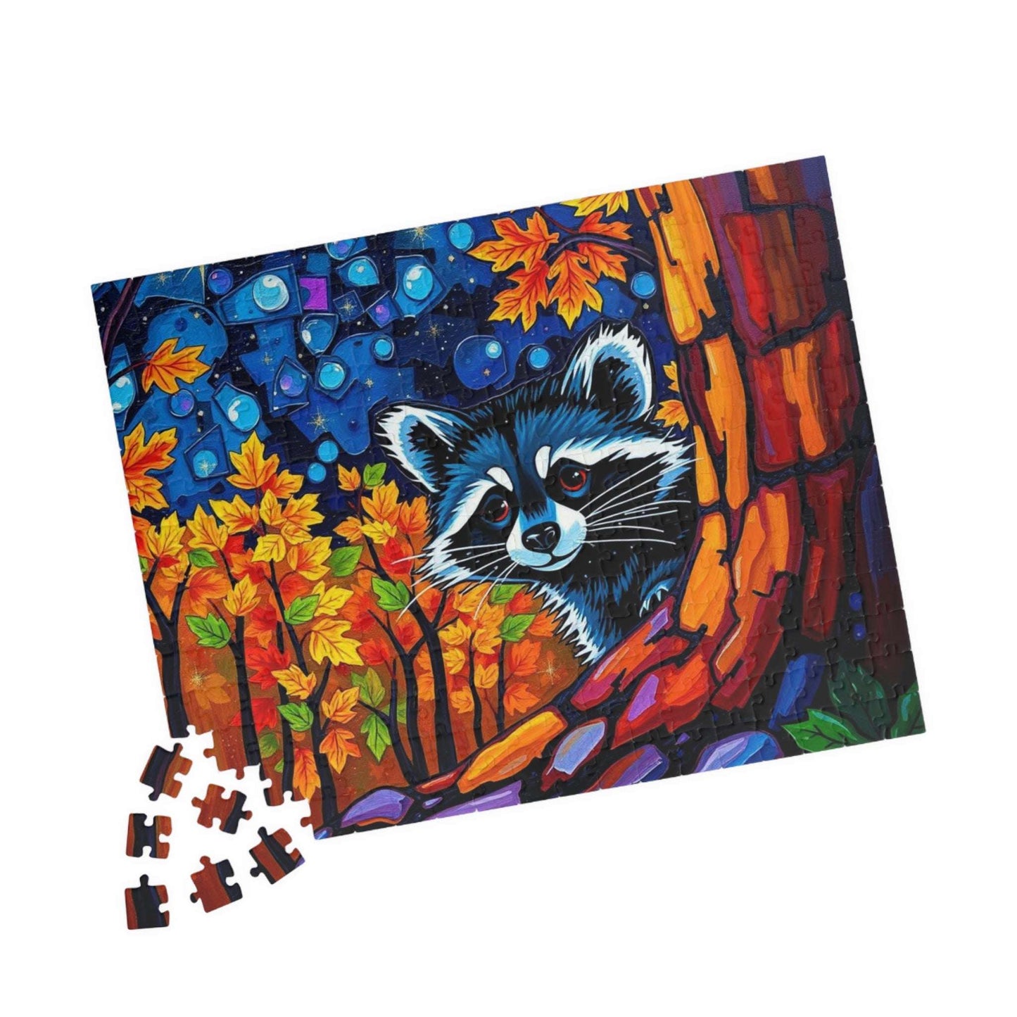 Autumn Nightscape Raccoon Puzzle, Colorful Nature Jigsaw for Solo or Family Fun, Birthday Gift for Animal Lover, Cozy Night In Entertainment