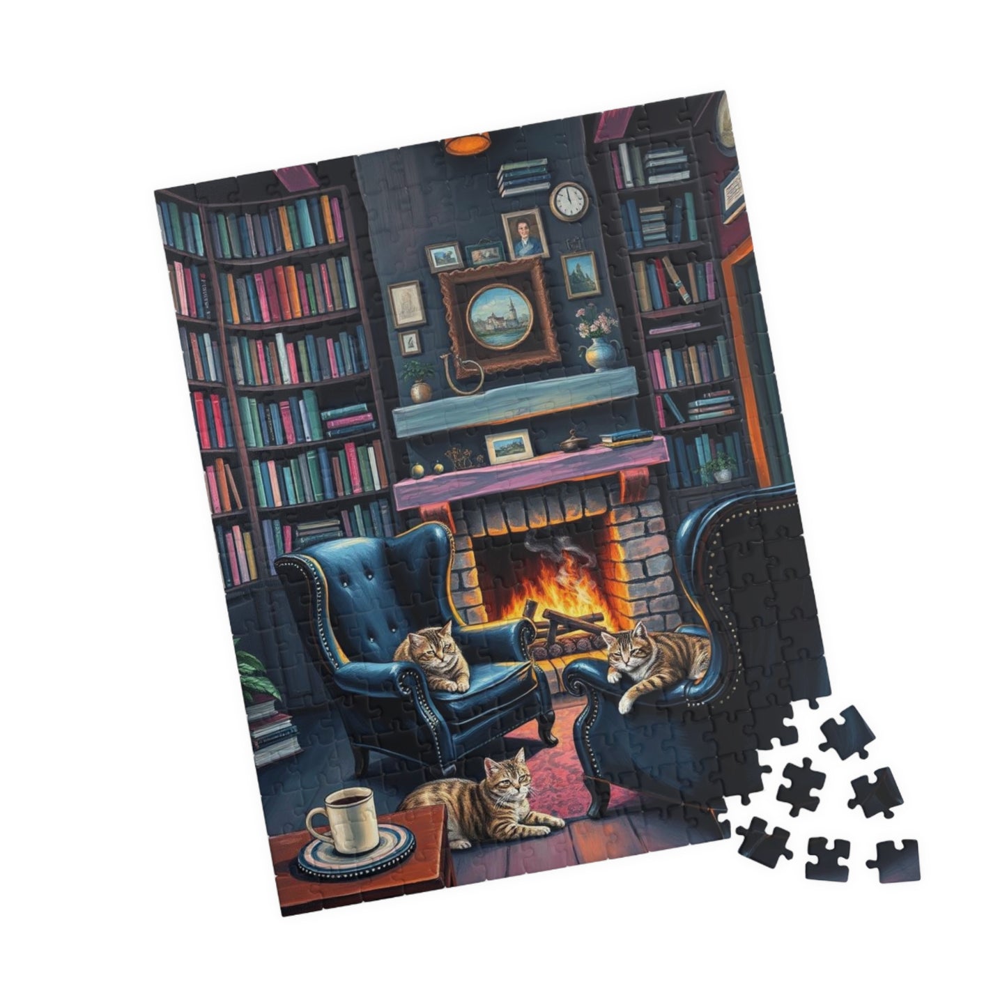 Cozy Cat-Themed Reading Room Puzzle - Home Library Jigsaw Game Perfect for Cat Lovers, Family Fun, Bookish Gift Idea, Quiet Leisure Activity