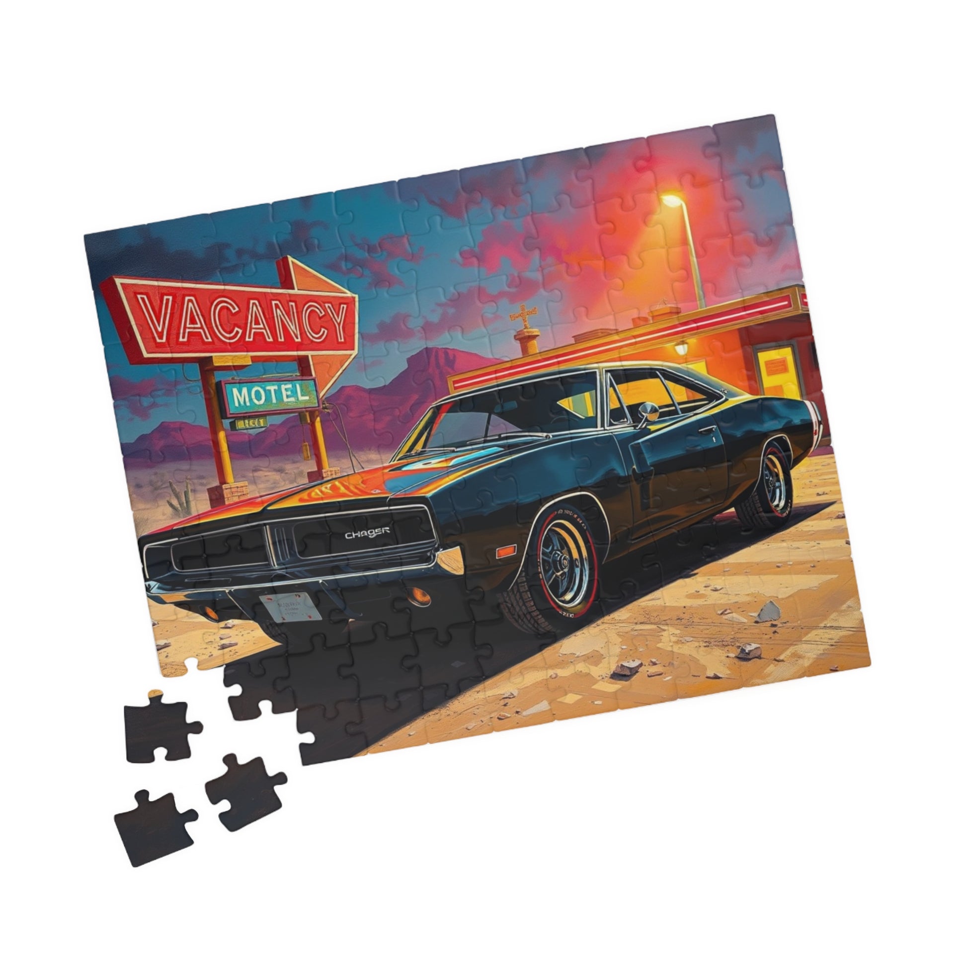 Vintage Muscle Car Puzzle, Black 1969 Charger, Classic Car Desert Motel Scene Jigsaw Game Puzzle The Puzzle Chest