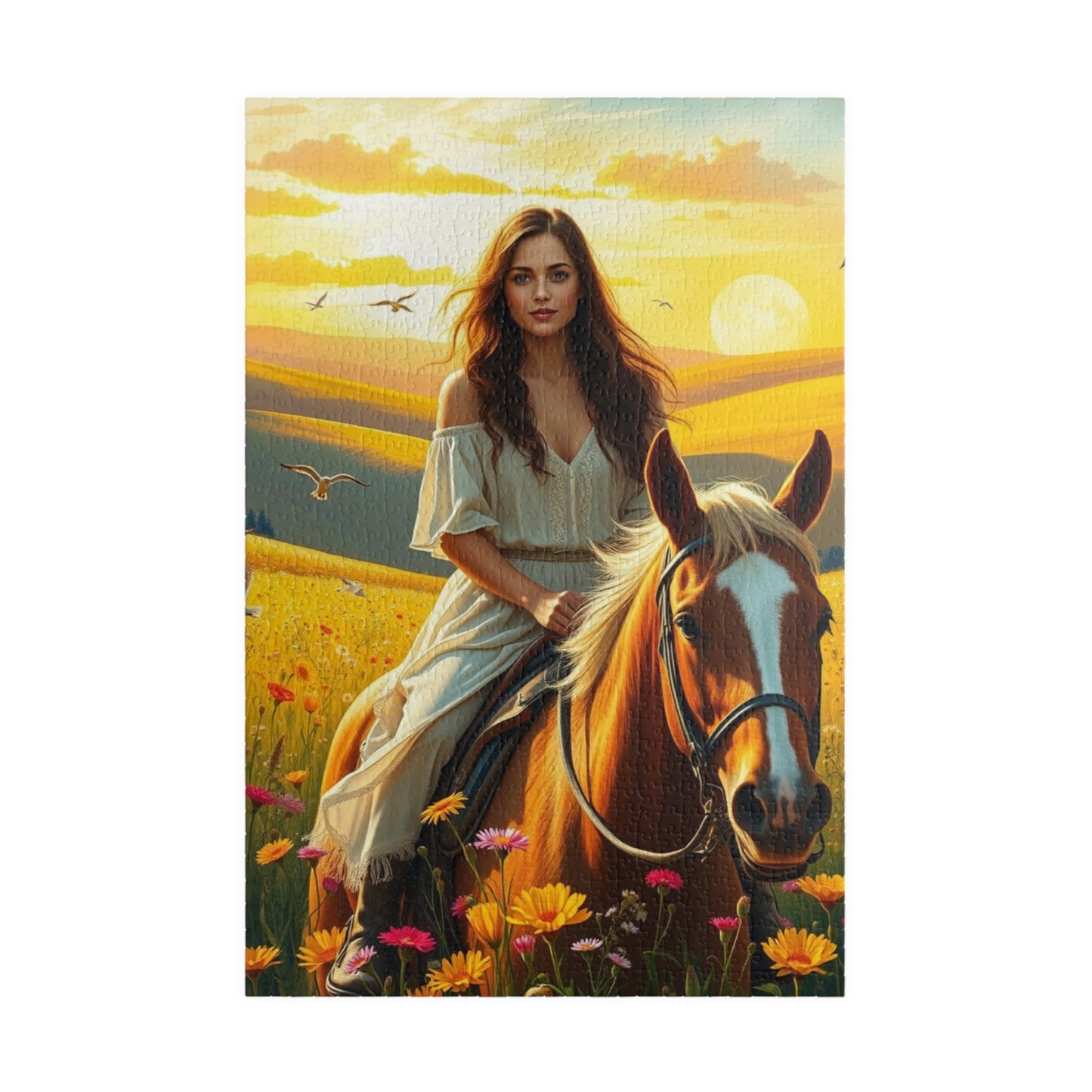 Woman on Horseback in Sunlit Wildflower Field Puzzle, Equestrian Horse Scene Jigsaw Game, Mindful Activity, Puzzle Animal and Art Lover Gift 1014 pcs (Vertical) Puzzle The Puzzle Chest