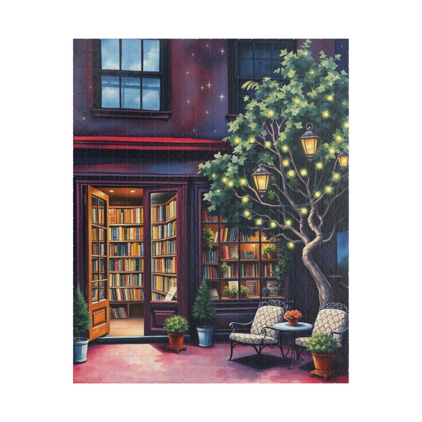 Fairy Light Bookstore Jigsaw Puzzle with Outdoor Reading Nook Perfect for Book Lovers Puzzle The Puzzle Chest
