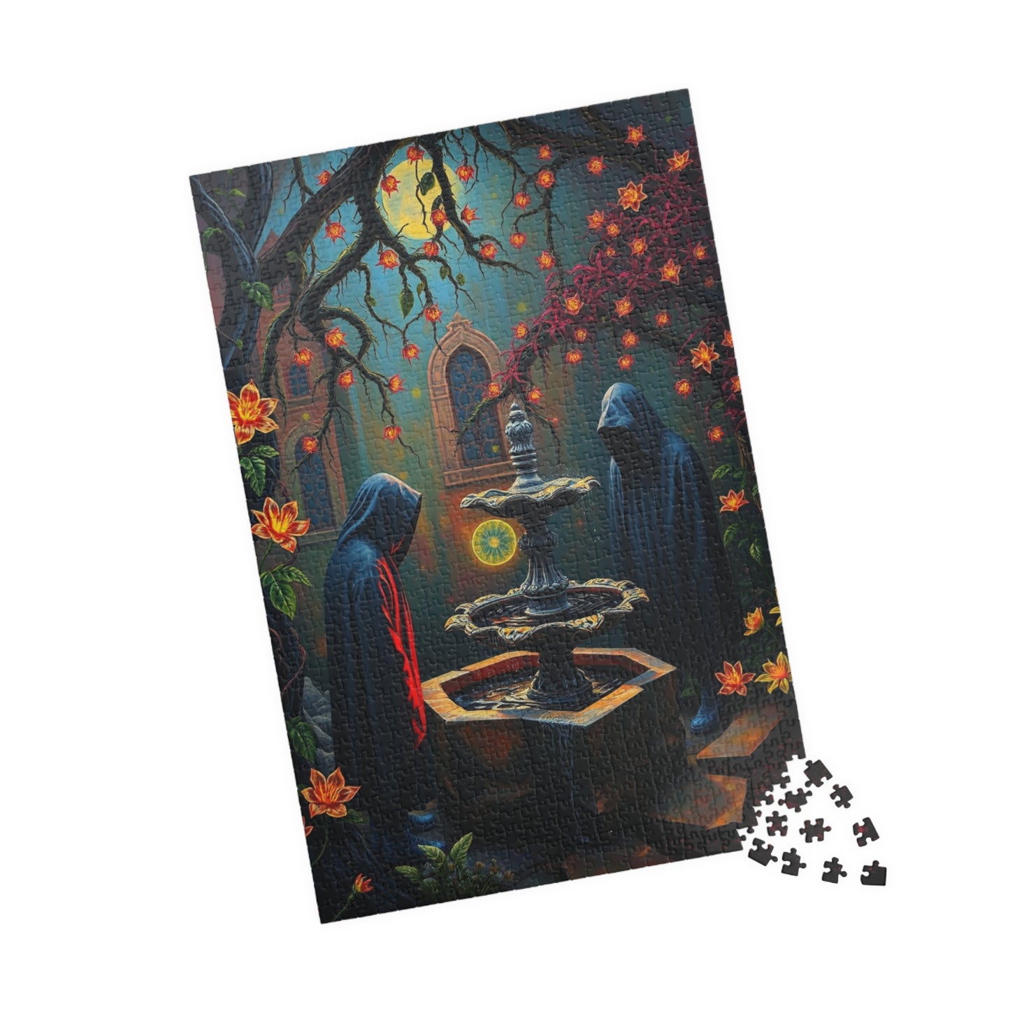 Ghostly Gothic Garden Puzzle, Dark Fantasy Scene with Glowing Flowers and Hooded Figures, Quiet Leisure Staycation Activity for Puzzle Lover Puzzle The Puzzle Chest