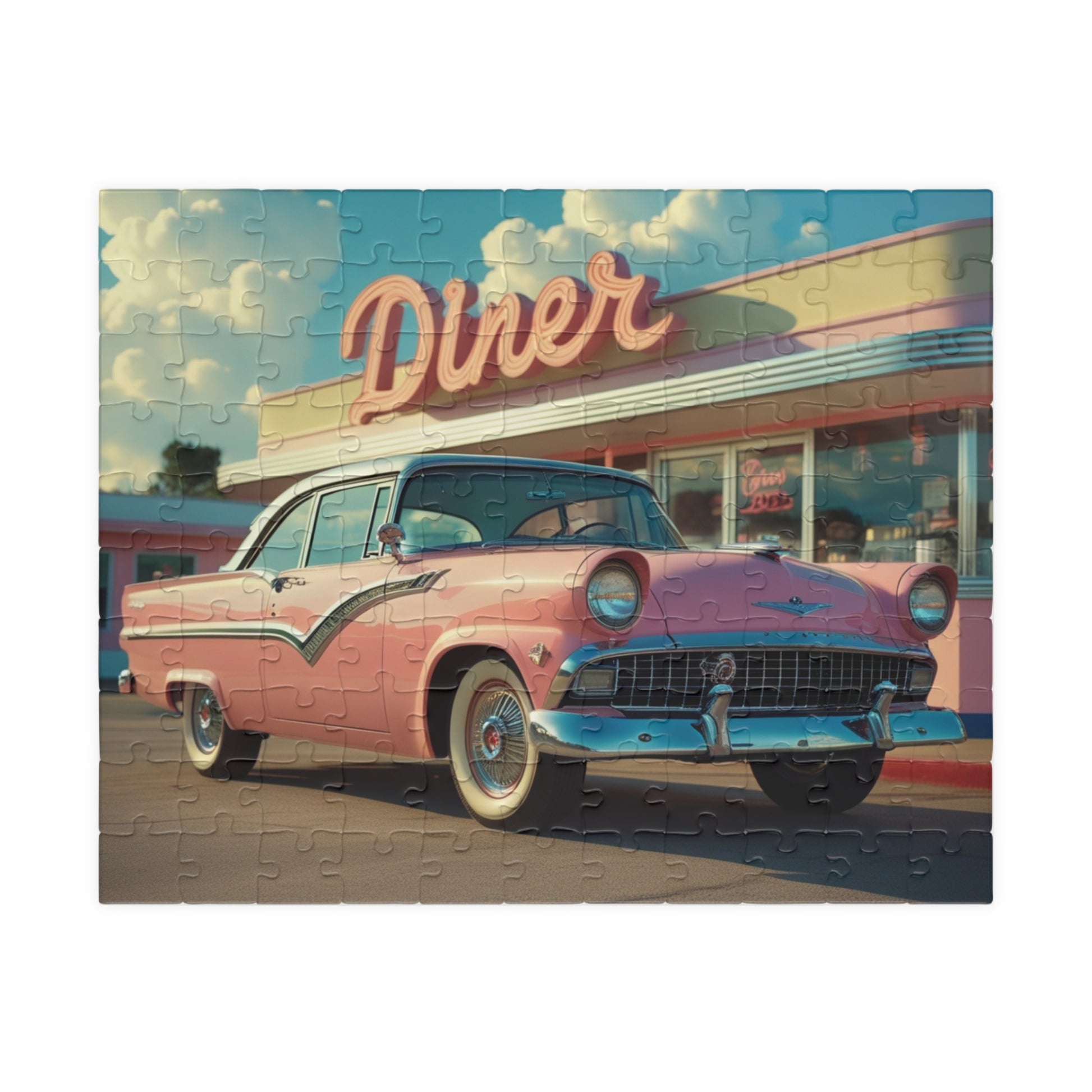 Vintage Auto Jigsaw Puzzle, 1955 Crown Victoria Retro Diner Scene, Nostalgic Auto Art 110 pcs (Horizontal) Puzzle The Puzzle Chest