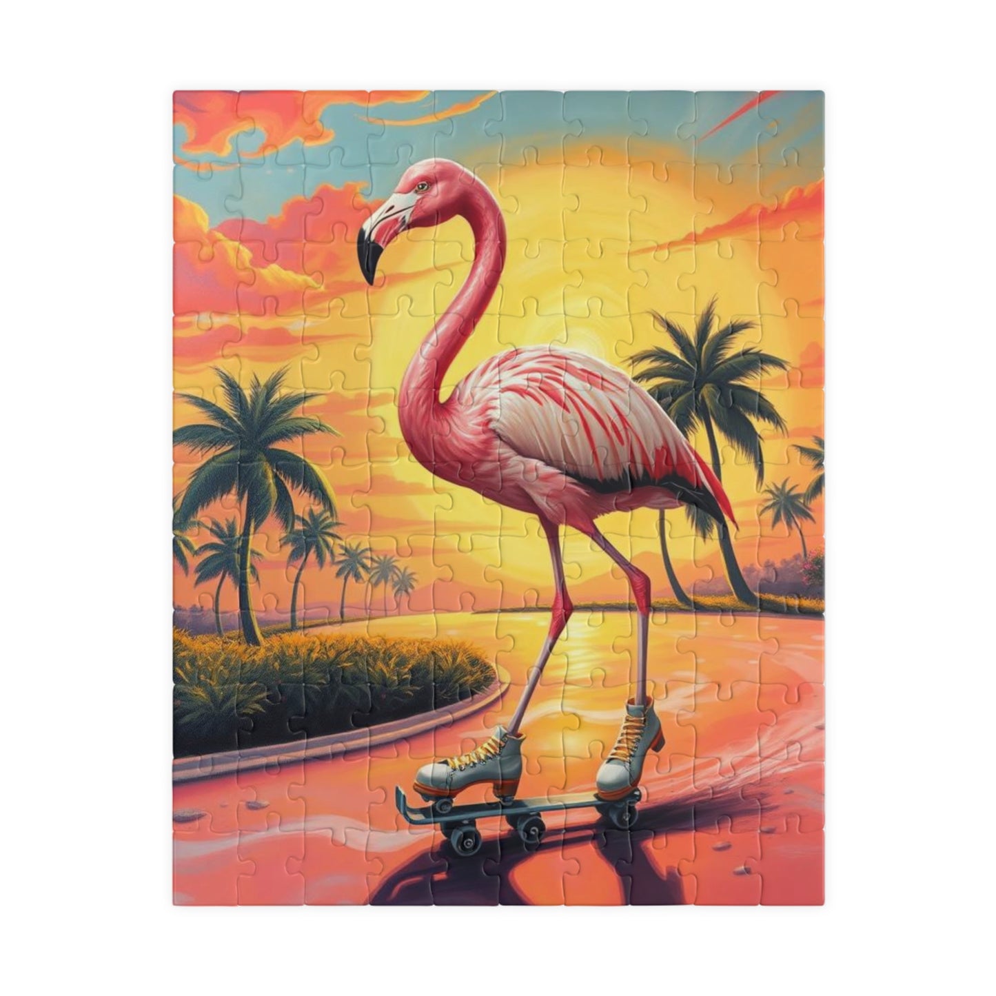 Retro Flamingo Skateboarding Puzzle, Pop Art Jigsaw Game, Fun Indoor Activity, Gift for Puzzle Lover, Family Game Night, Unique Brain Teaser 110 pcs (Vertical) Puzzle The Puzzle Chest