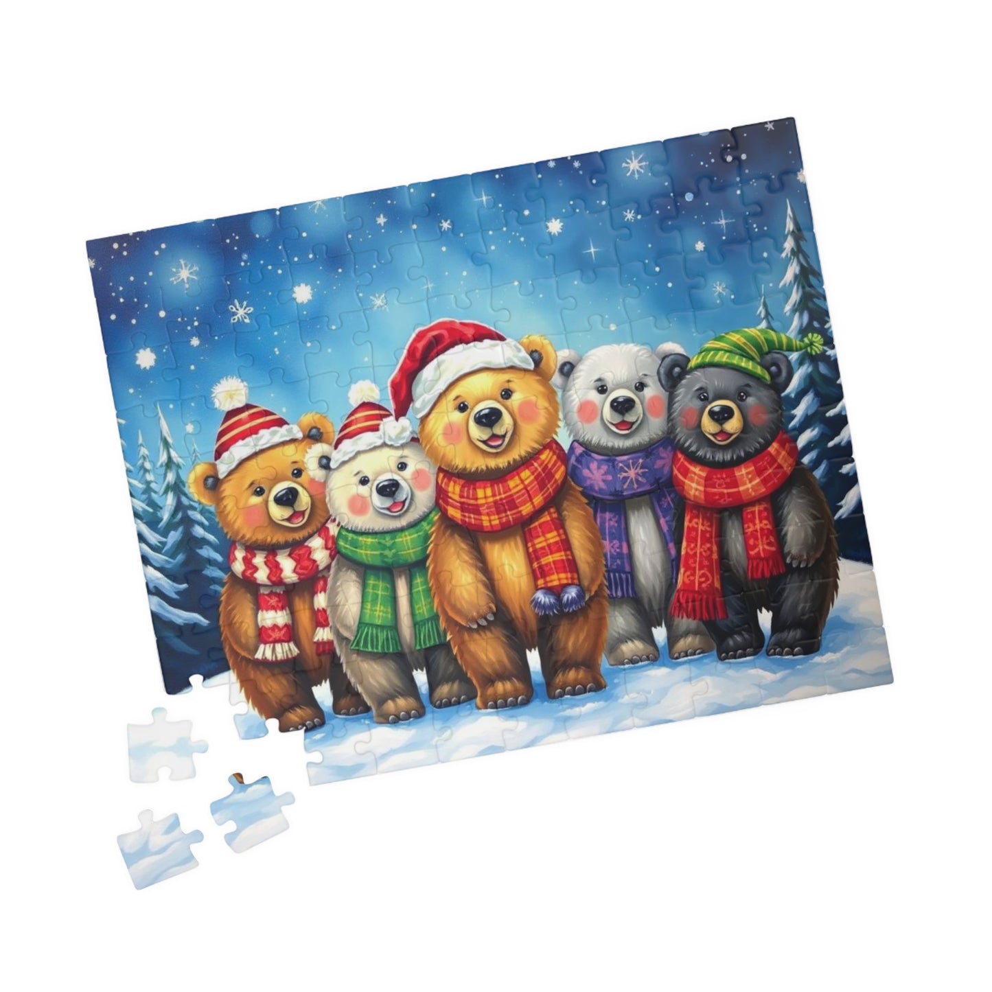 Starlit Christmas Bears Jigsaw Puzzle, Festive Bear Family Game for Holiday Fun, Birthday Gift, Cozy Nights Solo Activity, Family Game Night