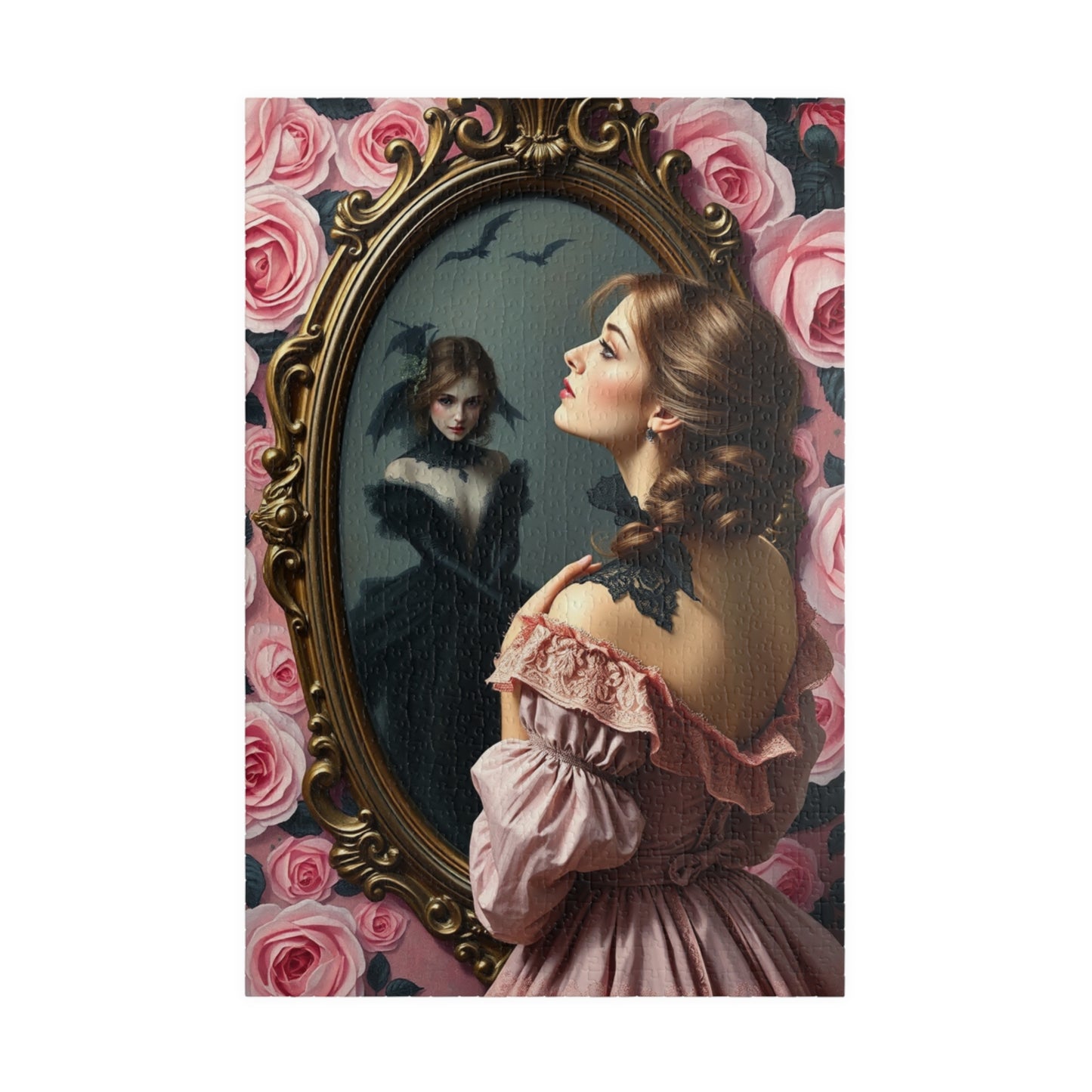 Dark Romance Gothic Puzzle, Victorian Woman and Floral Mirror Transformation Scene, Fantasy Fairytale Jigsaw Game for Adults, Unique Gift 1014 pcs (Vertical) Puzzle The Puzzle Chest