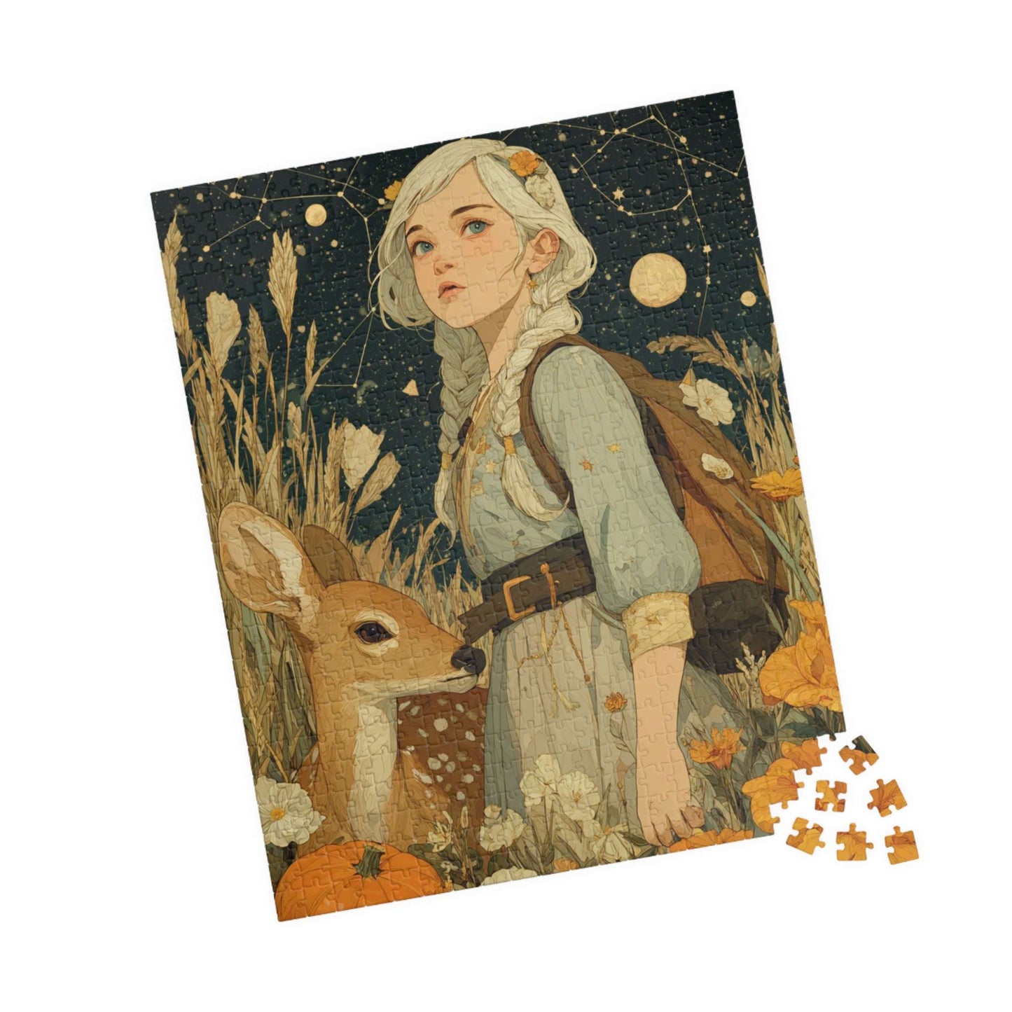 Birch Forest Fairy-Tale Jigsaw Puzzle - Golden Haired Girl and Gentle Deer, Nature Game for Adults, Fall Gift, Family Fun, Brain Teaser 520 pcs (Vertical) Puzzle The Puzzle Chest