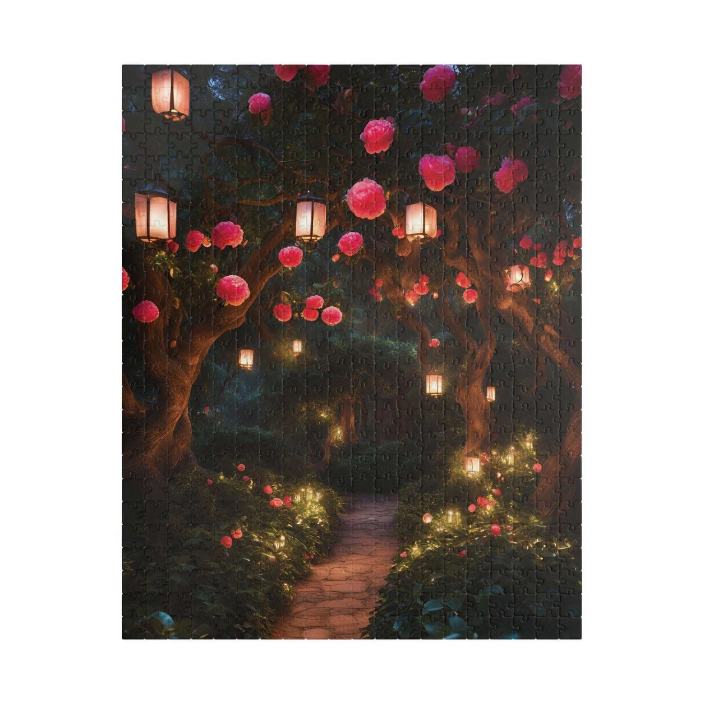 Camellia Flowers Nighttime Puzzle, Tranquil Lantern-Lit Floral Scene, Cozy and Relaxing Jigsaw Game for Adults, Ideal Nature Lover Gift 520 pcs (Vertical) Puzzle The Puzzle Chest