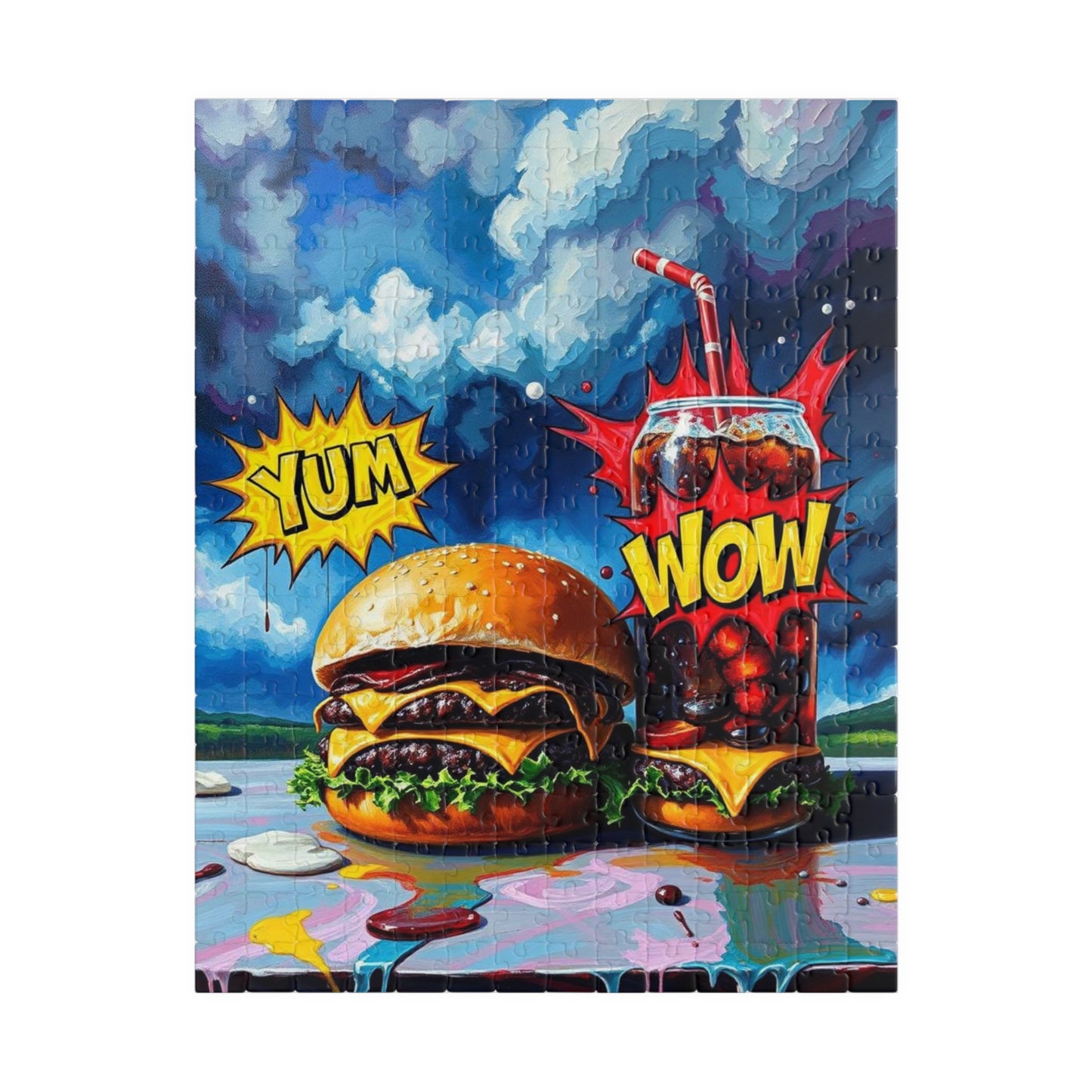 Colorful Foodie Puzzle - Yum Wow Burger and Drink Pop Art Jigsaw Puzzle for Adults, Fun Gift for Food Lovers, Game Night, Family Activity 252 pcs (Vertical) Puzzle The Puzzle Chest