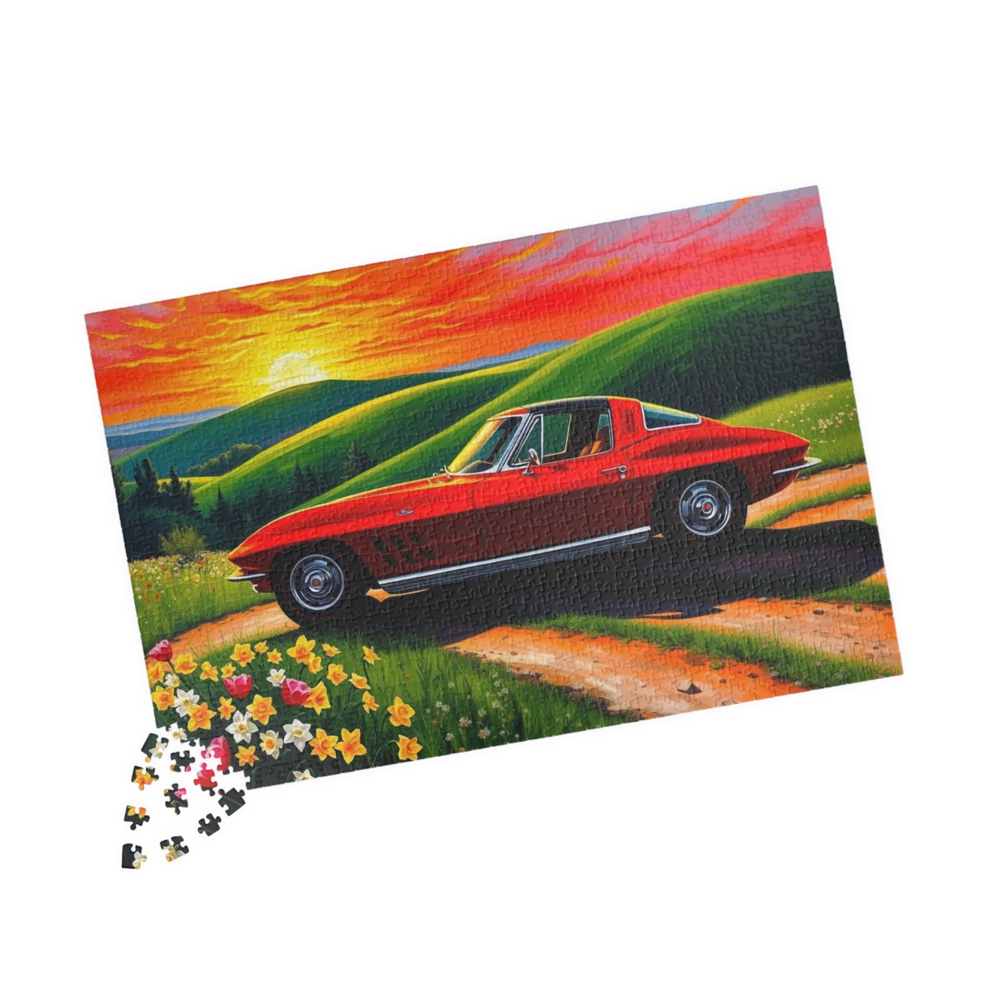 Vintage Auto Sunset Puzzle, Perfect Gift for Classic Car Lover, Family Game Night, Retro 1963 Stingray Jigsaw Game for Adults, Mindfulness Puzzle The Puzzle Chest