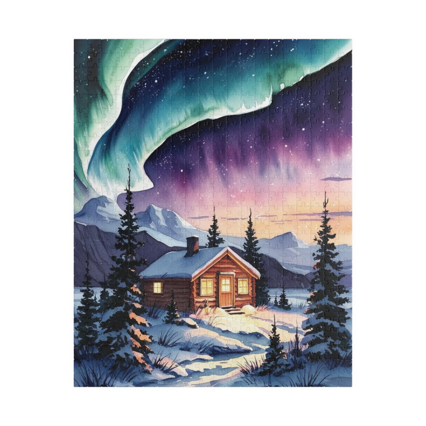 Northern Lights Landscape Puzzle, Aurora Borealis Snowy Cabin Watercolor Jigsaw Game, Hobby, Puzzle Lover Gift, Frameable Art, Relaxation 520 pcs (Vertical) Puzzle The Puzzle Chest