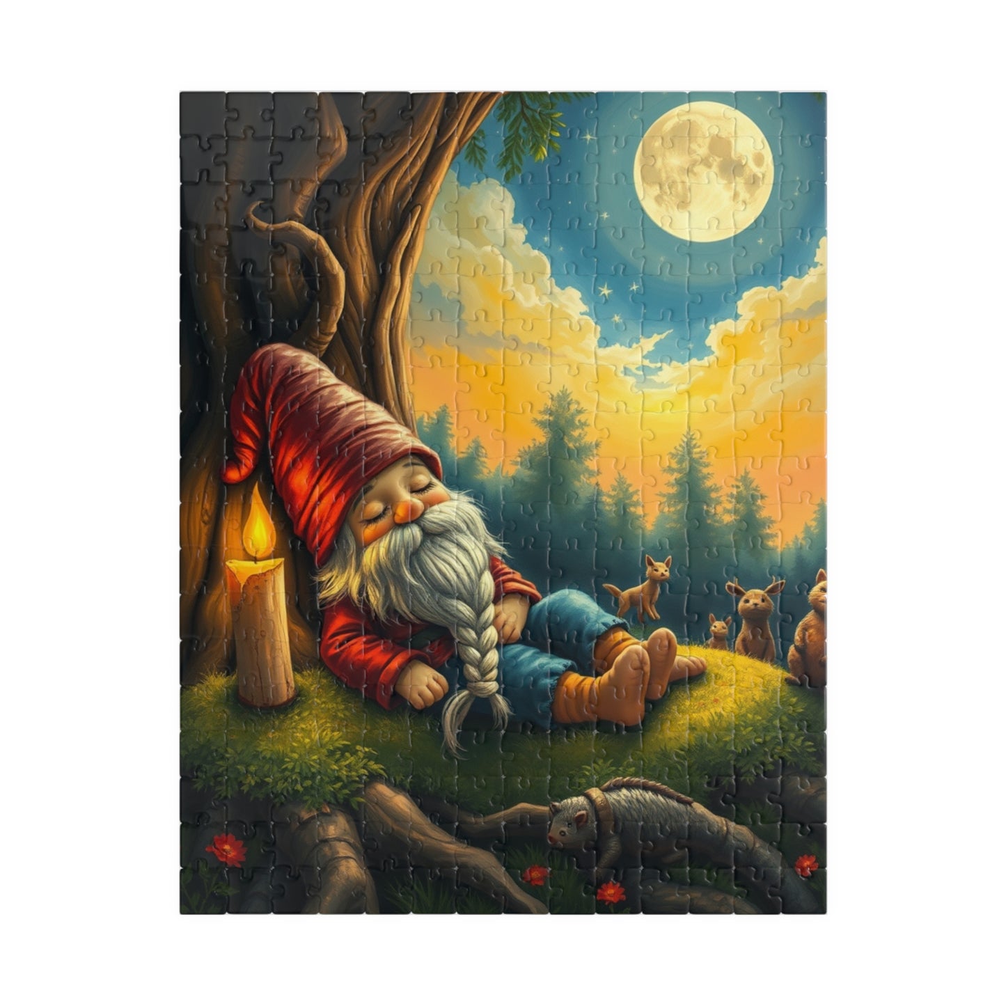 Slumbering Gnome Under the Moonlight Puzzle, Sleepy Gnome Night Scene Animals and Starry Sky, Fantasy Jigsaw Game, Mindful Puzzle Lover Gift 252 pcs (Vertical) Puzzle The Puzzle Chest
