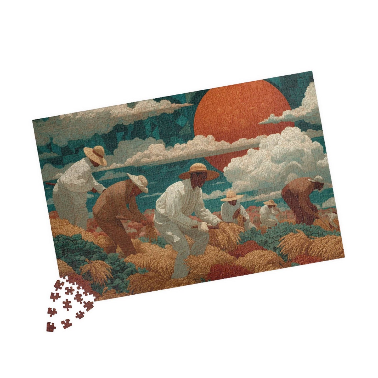 Afrocentric Black Art Jigsaw Puzzle - Sharecroppers in Golden Fields with Quilt-Pattern Sky 1014 pcs (Horizontal) Puzzle The Puzzle Chest