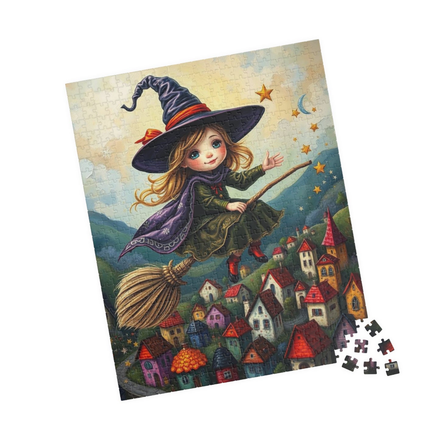 Friendly Flying Folklore - Whimsical Halloween Witch Jigsaw Puzzle, Folk Art Gift for Adult Puzzle Lover Family Game Night Indoor Activity