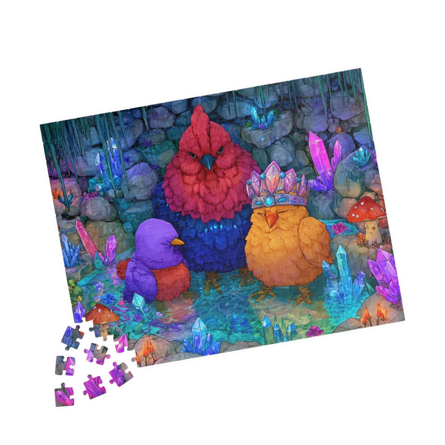 Crystal Cave Chicken Puzzle – Magical Chickens in Enchanted Crystal Bath, Whimsical Fairy-Tale Animal Jigsaw Puzzle 252 pcs (Horizontal) Puzzle The Puzzle Chest
