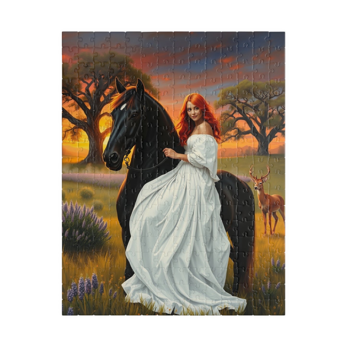 Puzzle, Woman with Vibrant Red Hair and White Flowing Dress Rides a Black Stallion, Jigsaw, Game, Brain Teaser, Activity, Relaxation, Home 252 pcs (Vertical) Puzzle The Puzzle Chest
