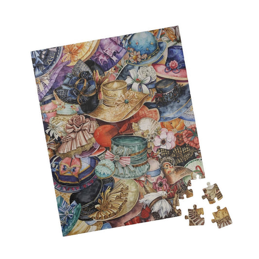 Church Hat Collage Jigsaw Puzzle – Overlapping Vintage Hats with Flowers, Ribbons, and Retro Style 110 pcs (Vertical) Puzzle The Puzzle Chest
