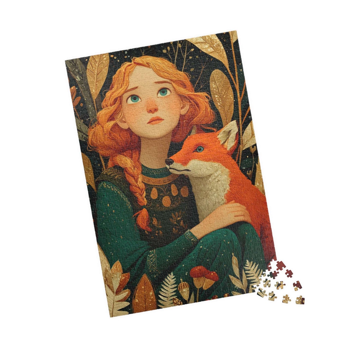 Autumn Forest Glade Jigsaw Puzzle - Auburn-Haired Girl and Playful Fox, Whimsical Art Game for Family or Solo Fun, Gifts, Brain Teaser 1014 pcs (Vertical) Puzzle The Puzzle Chest