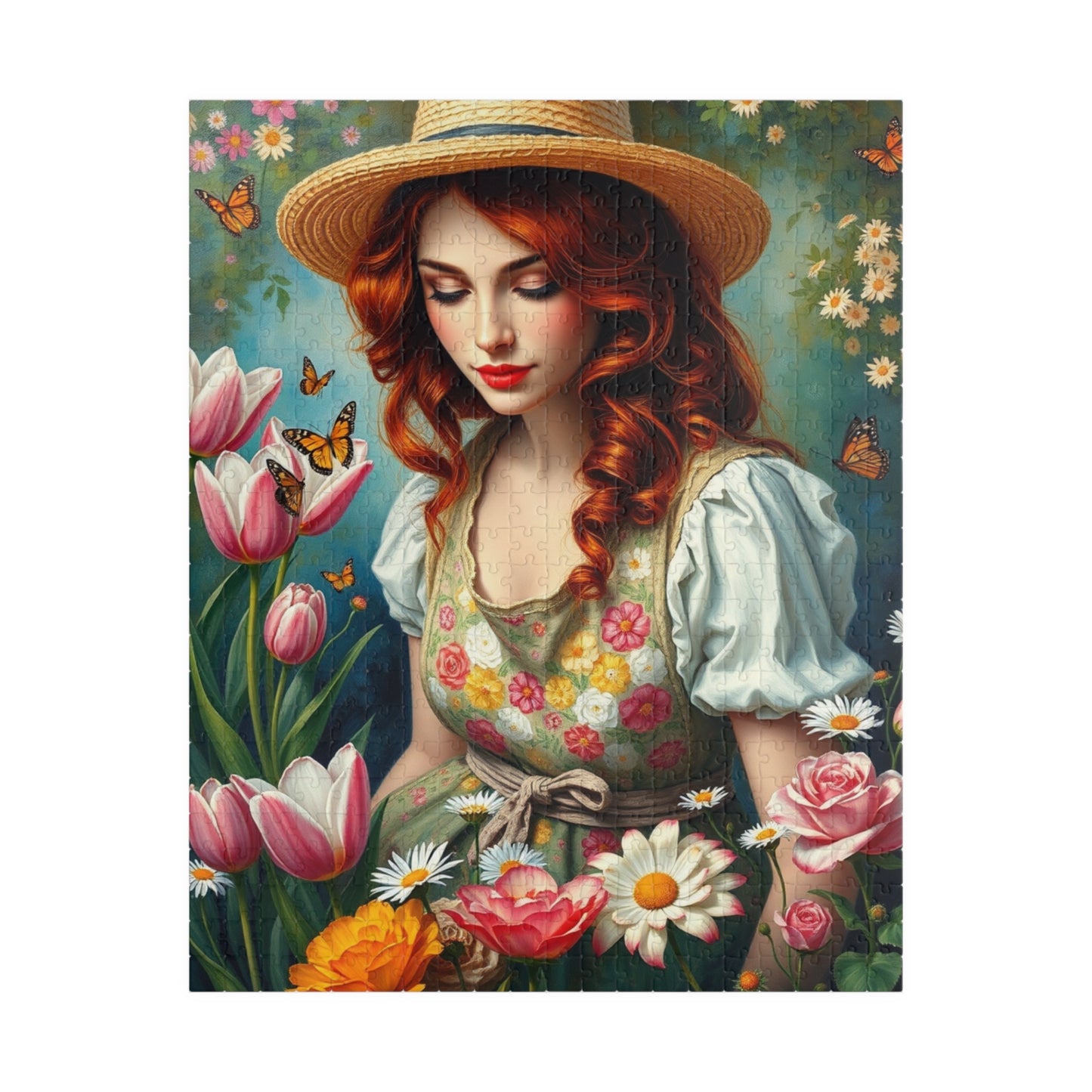 Jigsaw Puzzle, Woman Gardening Among Tulips, Daisies, Roses - 110, 252, 520, 1014-piece, Floral Apron, Straw Hat, Red Hair, Relaxing 520 pcs (Vertical) Puzzle The Puzzle Chest
