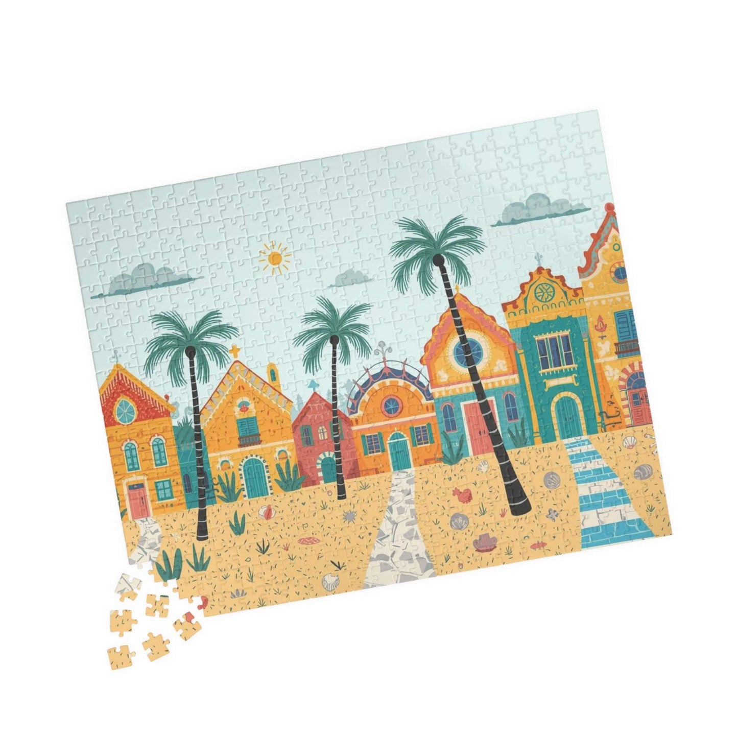 Sunbright Shores Village Jigsaw Puzzle - Beach Town Daytime Scene Puzzle The Puzzle Chest