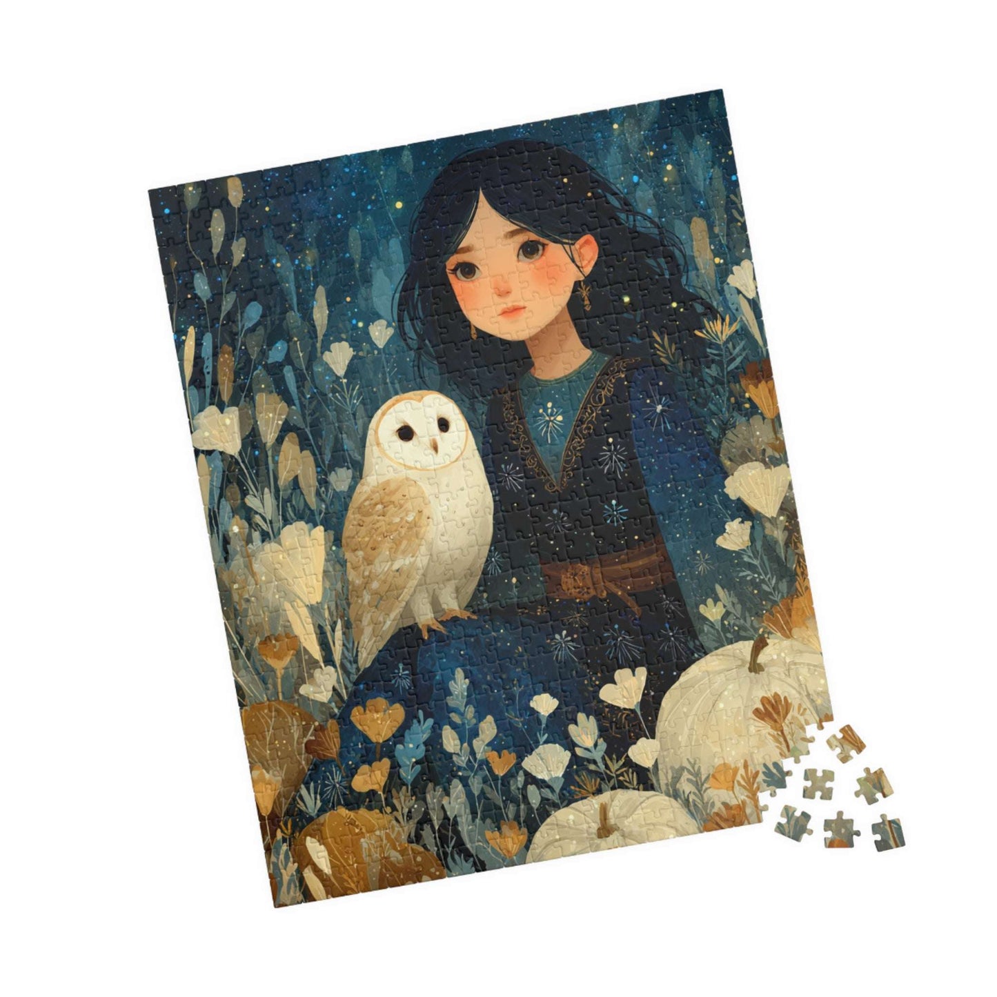 Twilight Pumpkin Grove Fairy-Tale Puzzle - Dark Haired Girl and Wise Owl, Nature Lovers Gift, Family Activity, Home Entertainment 520 pcs (Vertical) Puzzle The Puzzle Chest