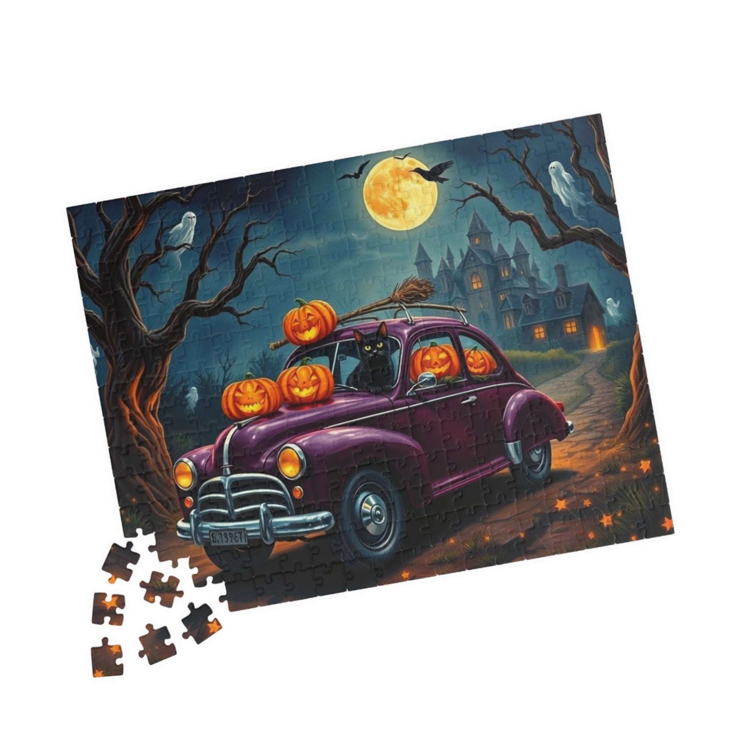 Halloween-Themed Vintage Car Jigsaw Puzzle with Cats, Ghosts and Pumpkins
