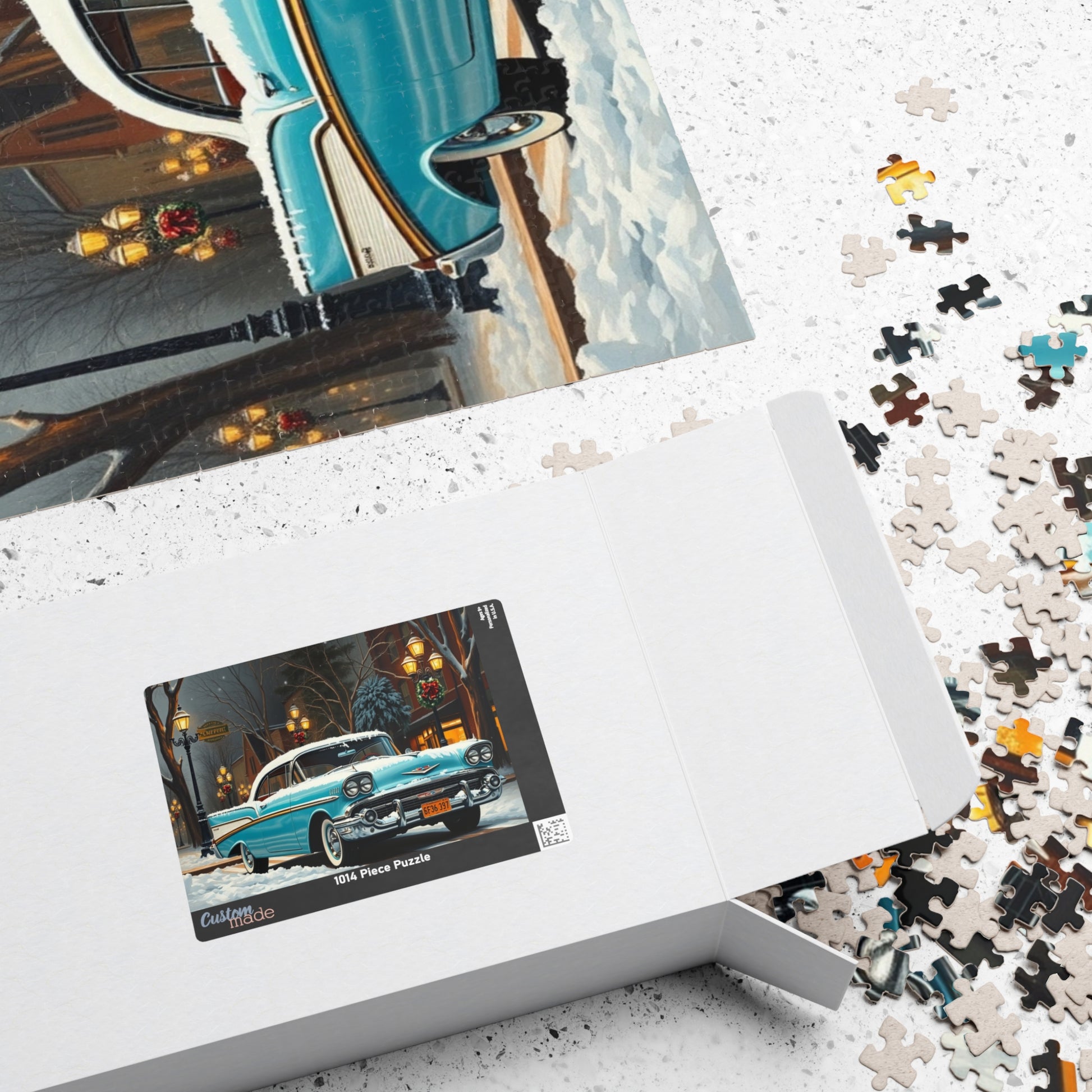Vintage Car Puzzle - Winter Scene, Retro Classic Vehicle 1957 Bel Air Jigsaw Game Puzzle The Puzzle Chest