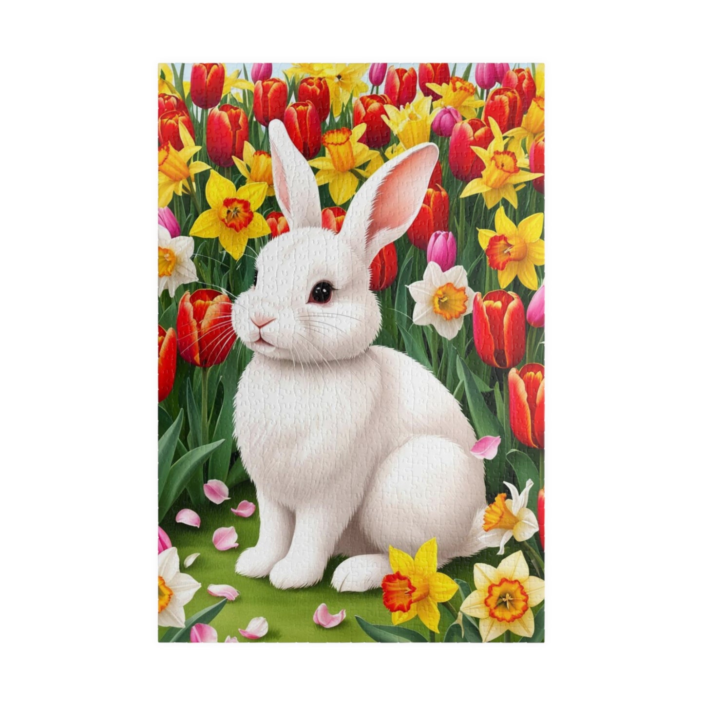 Puzzle - Fluffy Rabbit in Colorful Garden with Tulips and Daffodils, Fun Nature Jigsaw Game, Relaxing Hobby, Easter Gift, Mindful Activity 1014 pcs (Vertical) Puzzle The Puzzle Chest