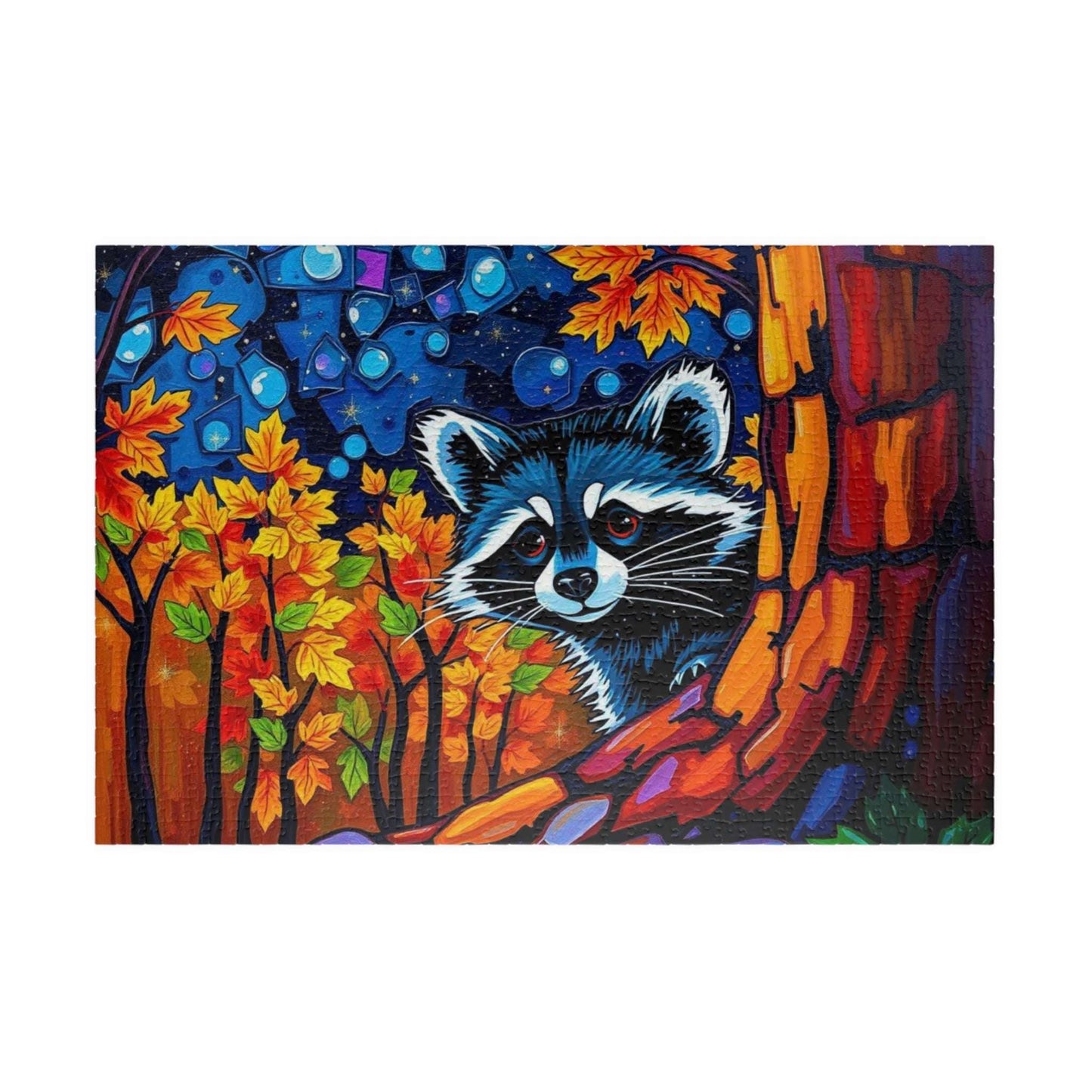 Autumn Nightscape Raccoon Puzzle, Colorful Nature Jigsaw for Solo or Family Fun, Birthday Gift for Animal Lover, Cozy Night In Entertainment