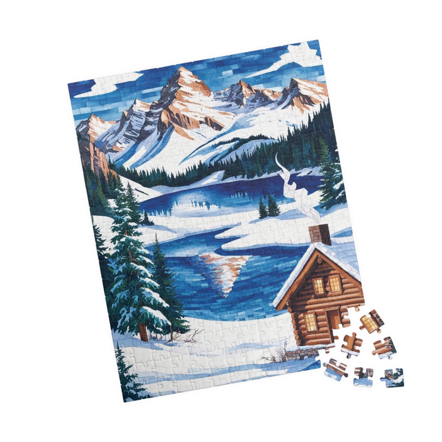 Mosaic Winter Mountain Scene Jigsaw Puzzle, Snowy Cabin Landscape, 520 Piece, Christmas Gift, Relaxation Activity, Wall Art Decor Puzzle The Puzzle Chest