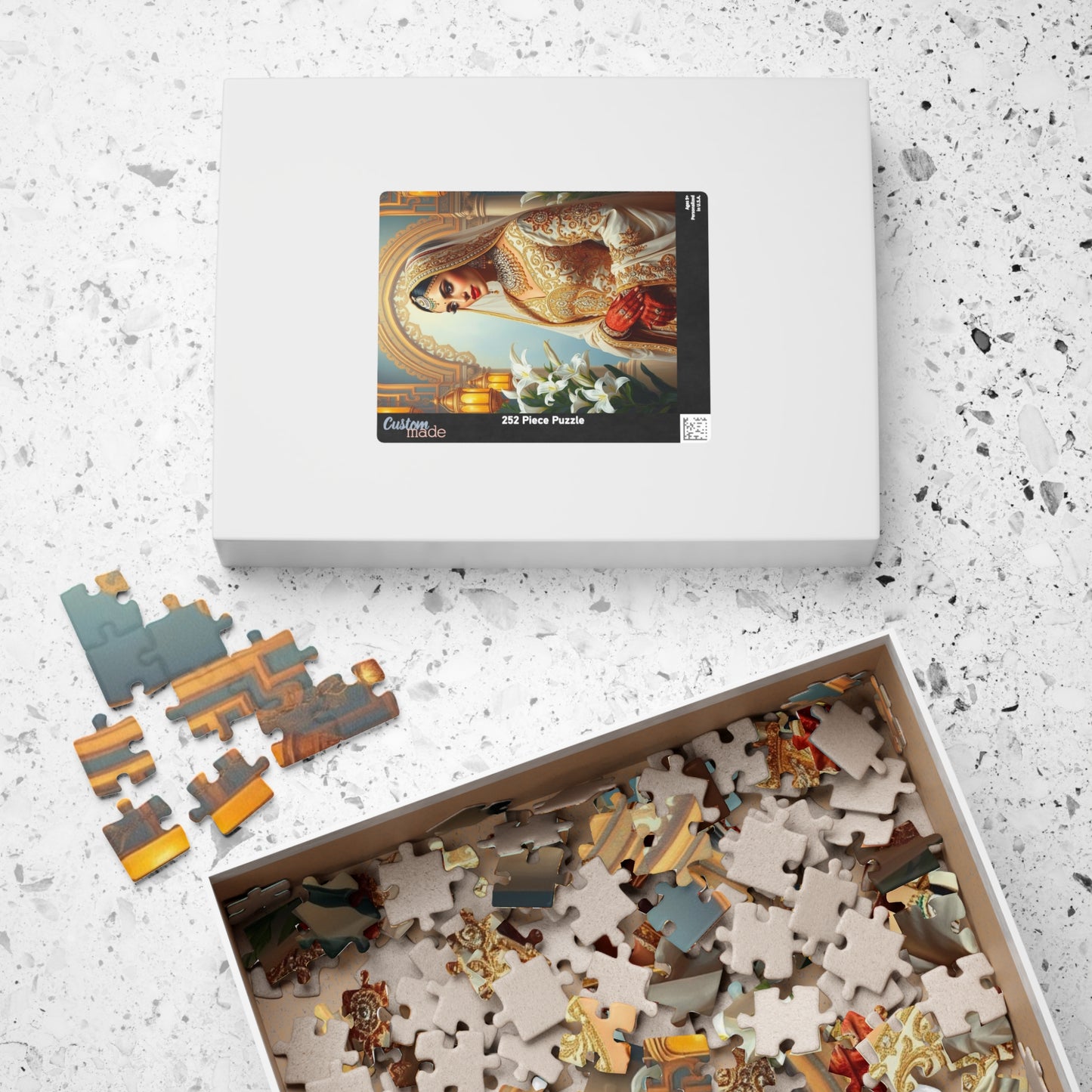 Middle Eastern Bride Puzzle with Gold Ivory Kaftan and Lanterns, Family Friendly Wedding Jigsaw Game, Mindful Activity, Puzzle Lover Gift Puzzle The Puzzle Chest