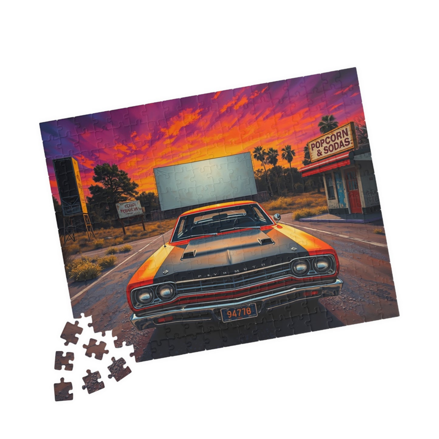 Vintage Car Puzzle, Orange 1969 Road Runner, Sunset Classic Vehicle Scene Nostalgic Drive-In Background Puzzle The Puzzle Chest