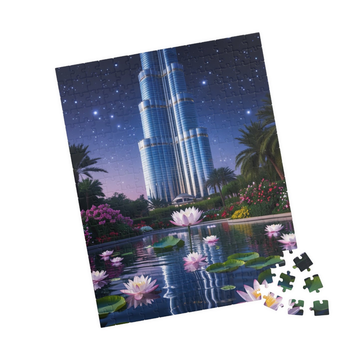 Burj Khalifa Reflections Jigsaw Puzzle, Dubai Skyline Lotus Water Lily Night Garden Landscape, Best Gift for Traveler Art Lover, Hobbyist Puzzle The Puzzle Chest