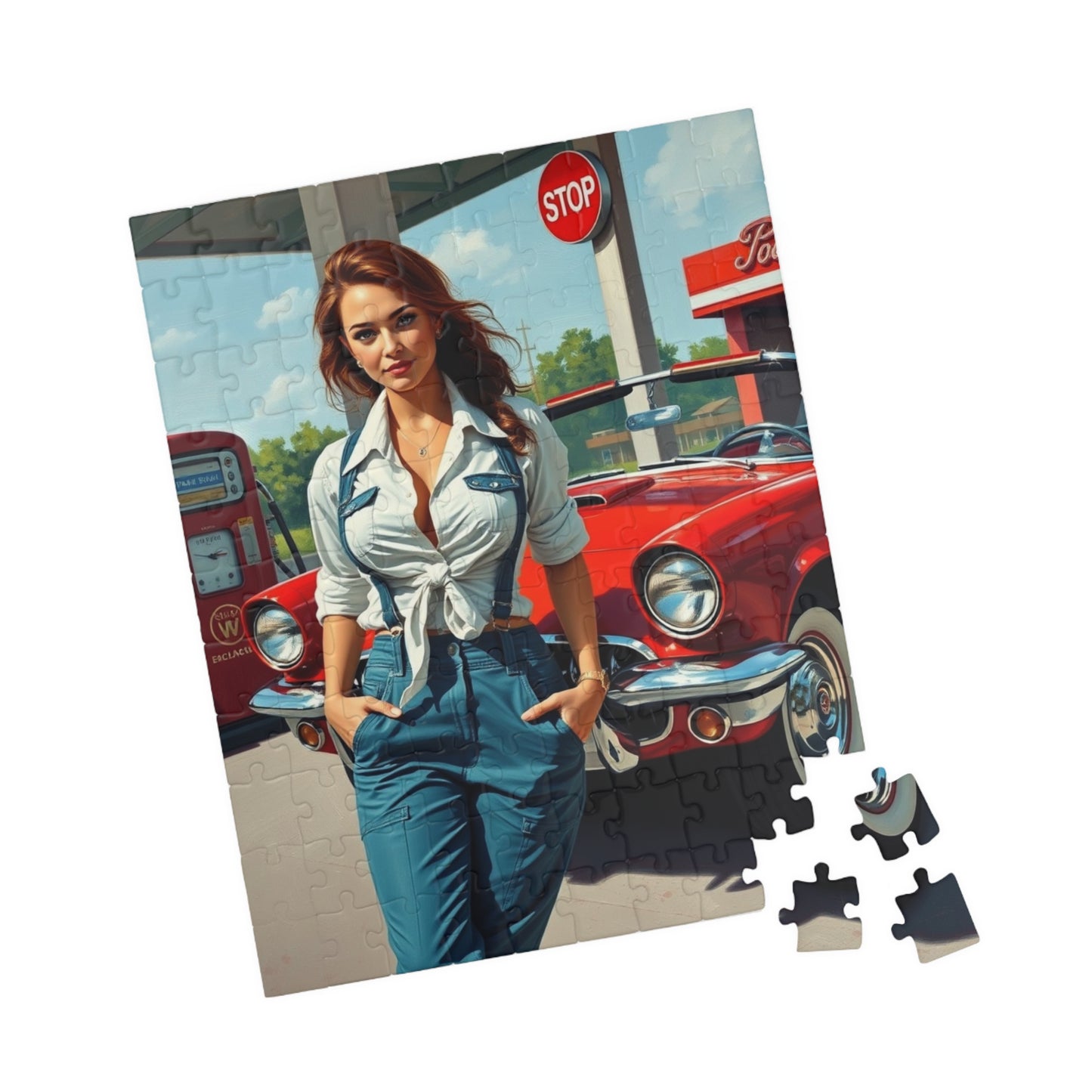 Puzzle, Vintage Mechanic Woman and Red Convertible, Jigsaw Game for Adults, Classic Car Puzzle, Retro Gas Station Image, Brain Teaser Gift Puzzle The Puzzle Chest