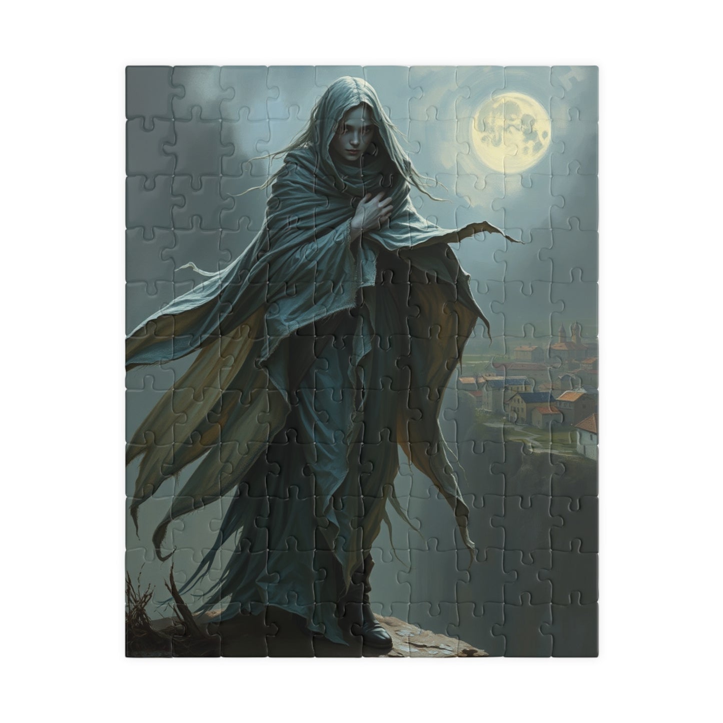 Gothic Puzzle, Banshee Design 110-1014 Piece Jigsaw, Moonlit Village Windswept Cliff Silver Gray Shroud, Unique Gift Idea, Relaxing Activity 110 pcs (Vertical) Puzzle The Puzzle Chest