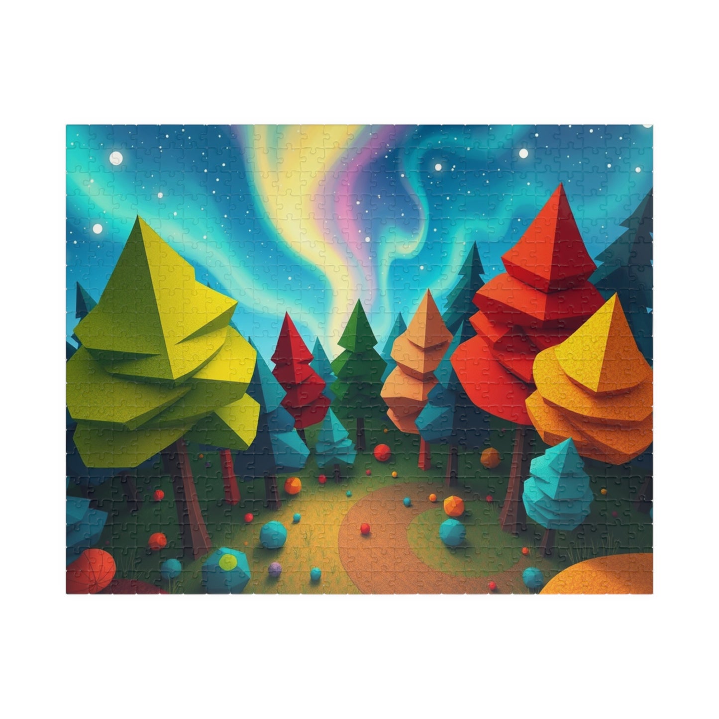 Abstract Landscape Jigsaw Puzzle, Magical Forest with Geometric Trees Aurora Sky, Challenging Game for Mental Exercise, Puzzle Lover Gift 520 pcs (Horizontal) Puzzle The Puzzle Chest