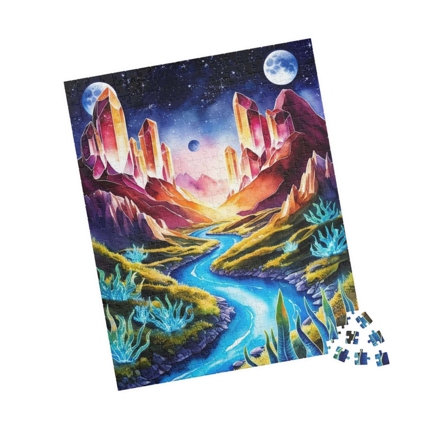 Space Puzzle - Alien Planet Landscape, Crystal Mountains, Blue Rivers, Two Moons, 520-Piece Jigsaw Game, Astronomy Gift, Galaxy Theme Puzzle The Puzzle Chest