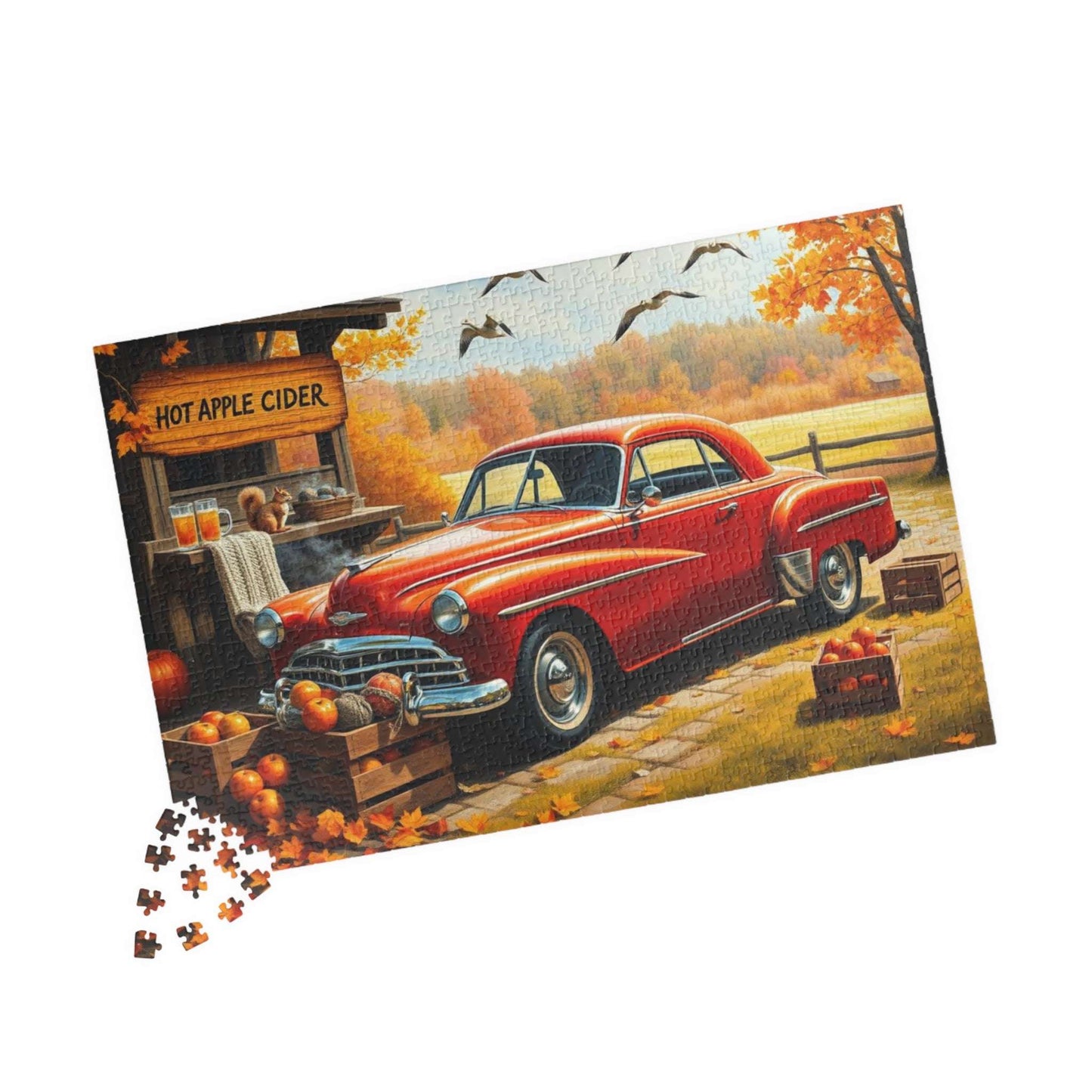 Apple Cider Stand Stop Fall Themed Jigsaw Puzzle - Retro Car Scene, Family Fun Activity, Autumn Decor Gift, Cozy Indoor Entertainment