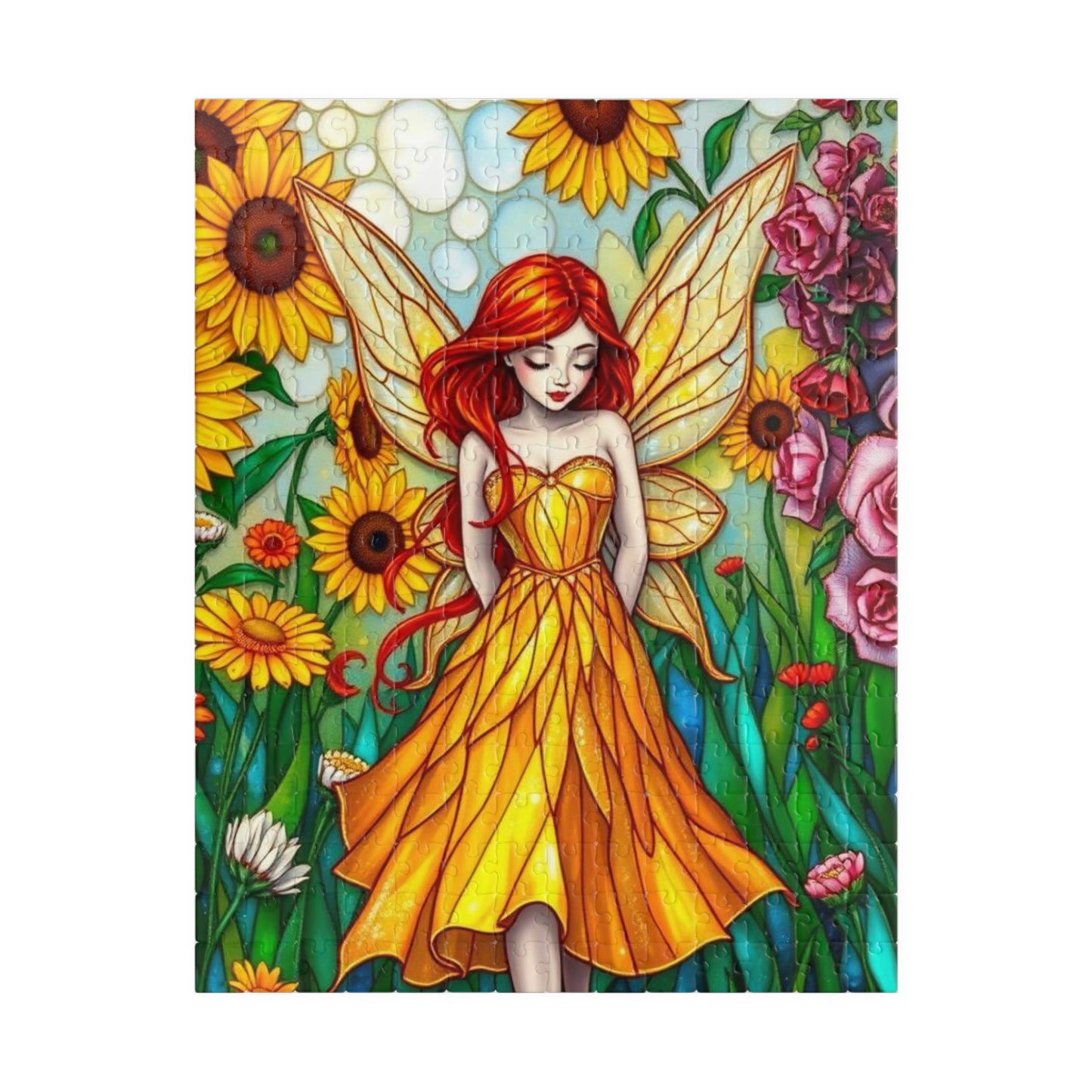 Fairy Sunflower Jigsaw Puzzle - Stained Glass Style, 110/252/520/1014-Piece, Hobby Game, Gift for Fantasy Lover Birthday Holiday