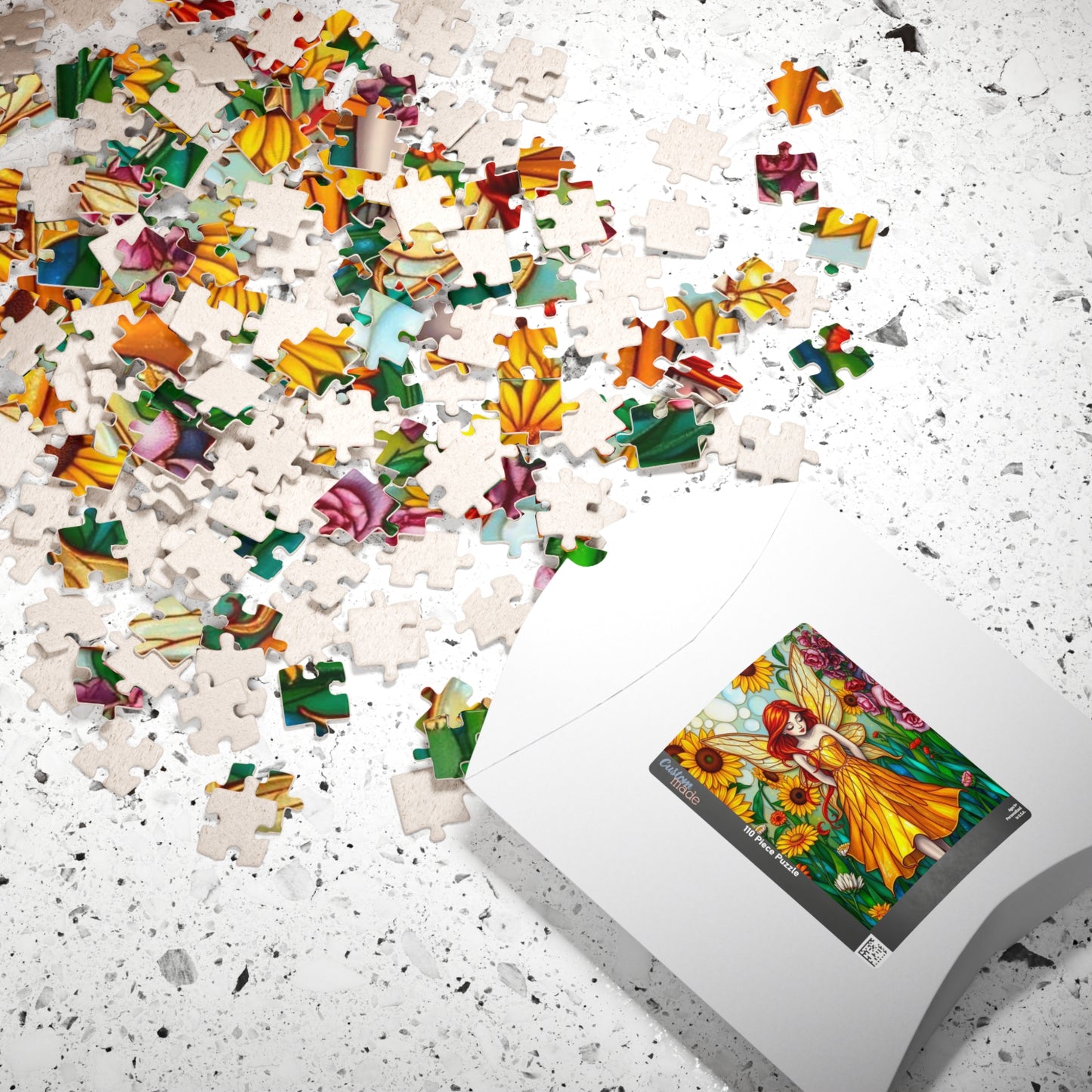 Fairy Sunflower Jigsaw Puzzle - Stained Glass Style, 110/252/520/1014-Piece, Hobby Game, Gift for Fantasy Lover Birthday Holiday