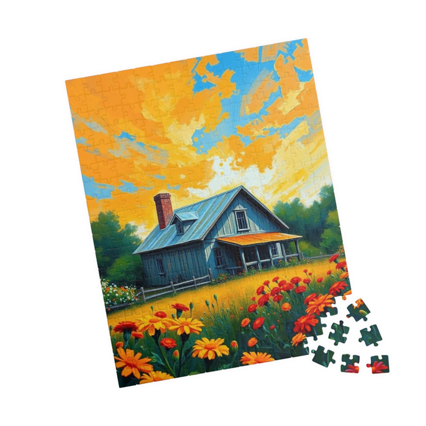 Sunset Bloom Farmhouse Puzzle – 1000 Piece Jigsaw, Rustic House and Garden Scene, Summer Puzzle for Adults, Country Home Decor Gift Idea Puzzle The Puzzle Chest