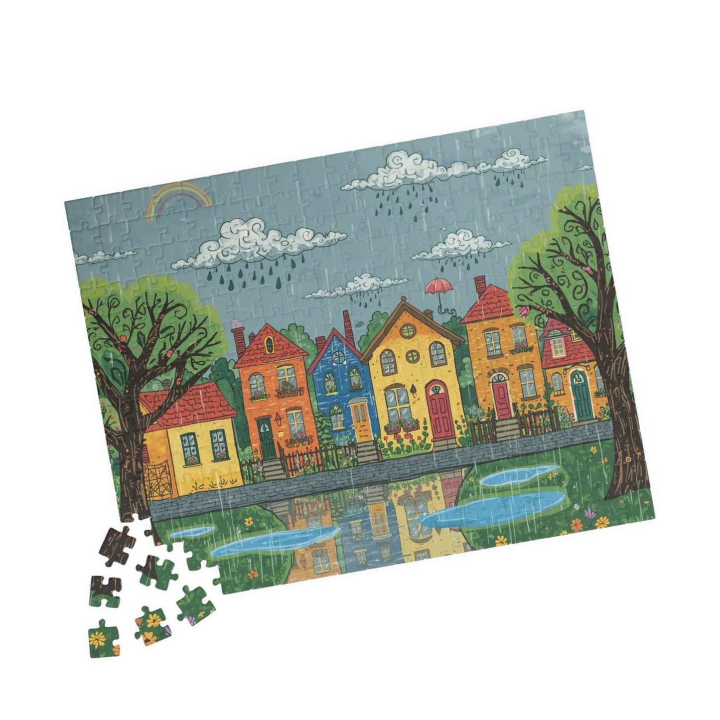 Charming Neighborhood Jigsaw Puzzle - Rainy Day In Town 252 pcs (Horizontal) Puzzle The Puzzle Chest