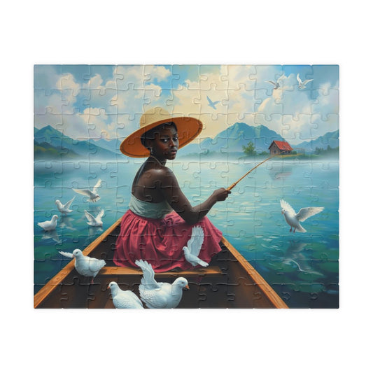 Serene Fishing Jigsaw Puzzle, African American Woman Black Artwork, Creative Gift for Friend, Family Activity Solo Fun, Home Entertainment 110 pcs (Horizontal) Puzzle The Puzzle Chest